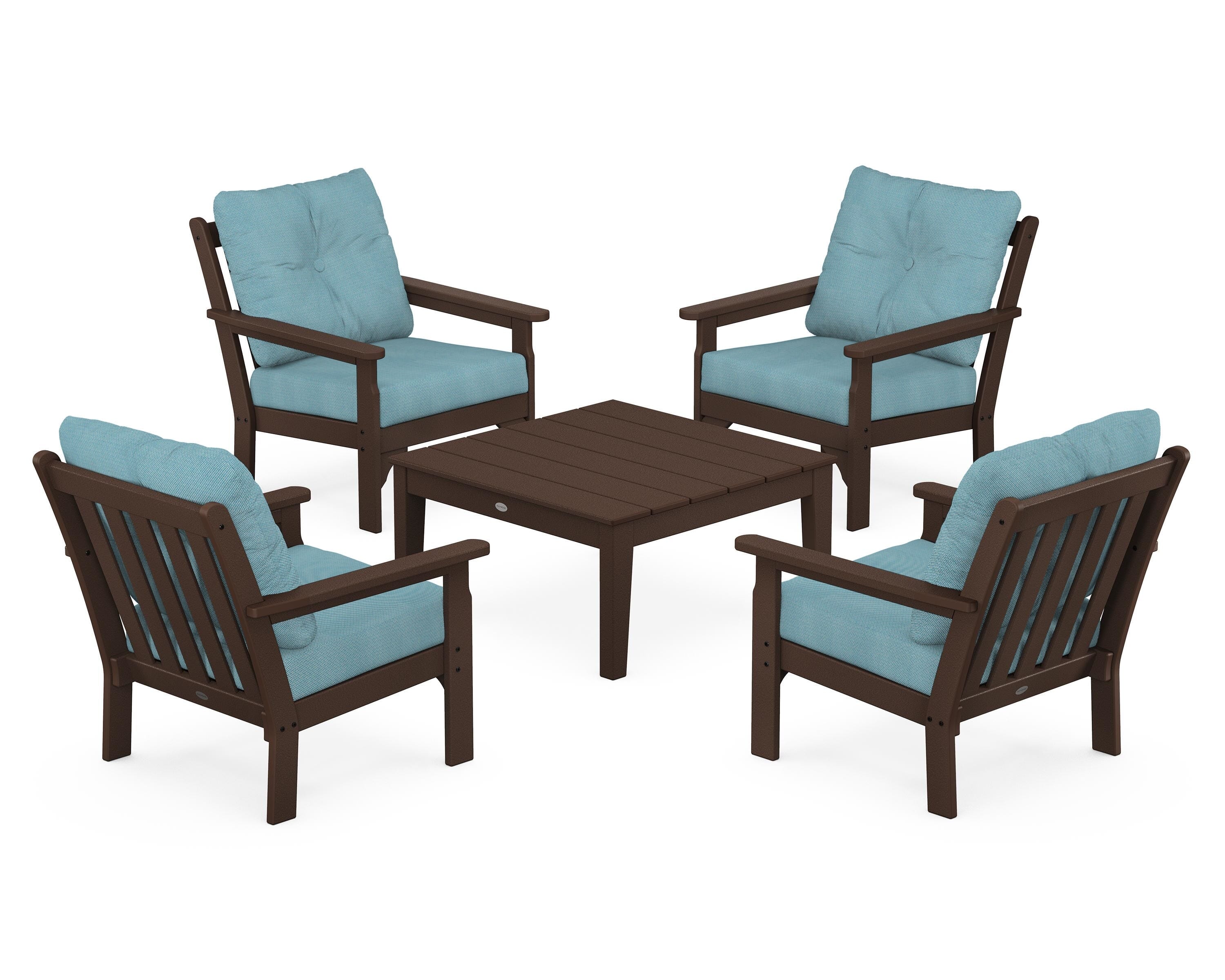 POLYWOOD® Vineyard 5-Piece Deep Seating Conversation Set in Mahogany / Lattice Sky Blue