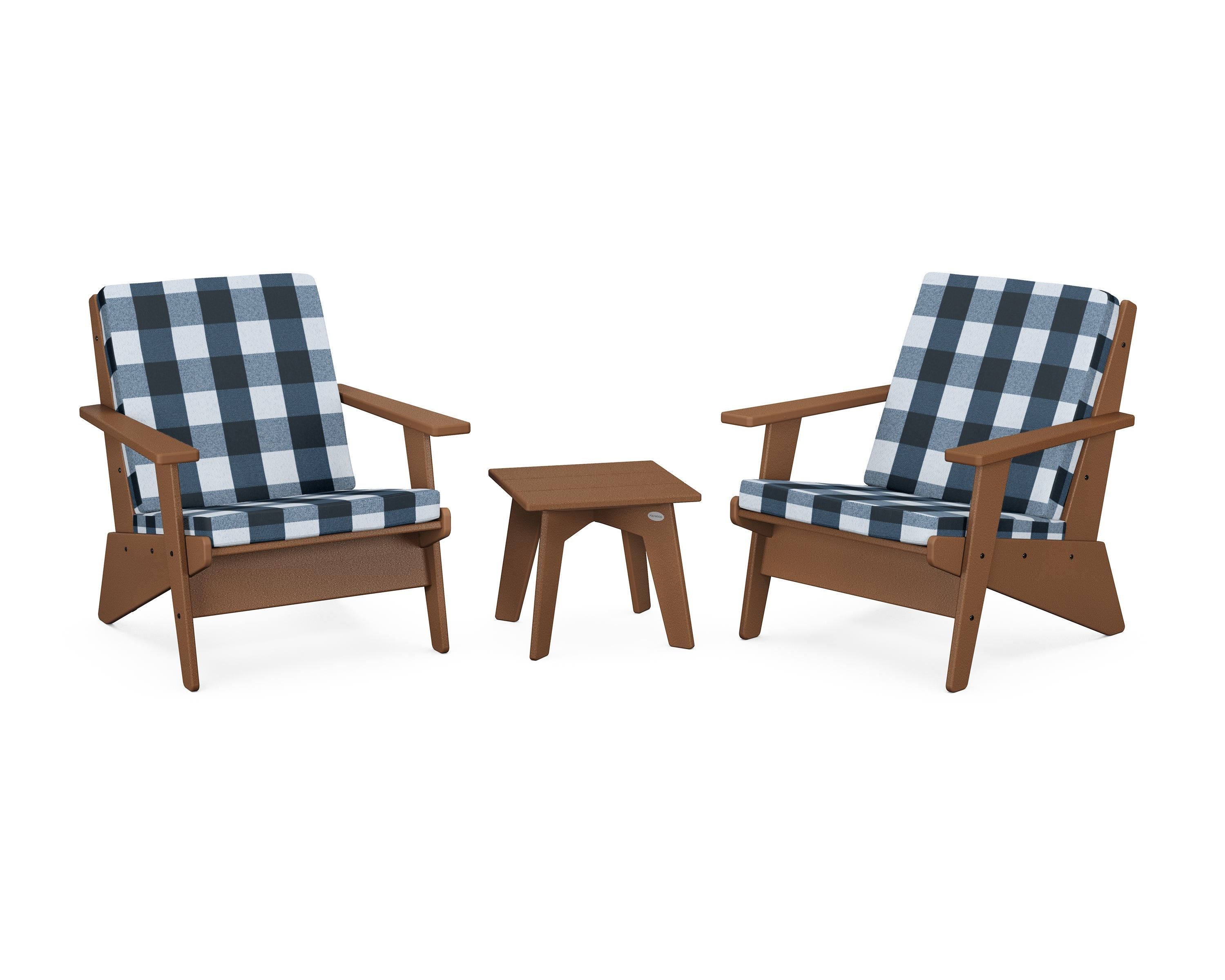 POLYWOOD® Riviera Modern Lounge 3-Piece Set in Teak / Buffalo Plaid Marine Indigo