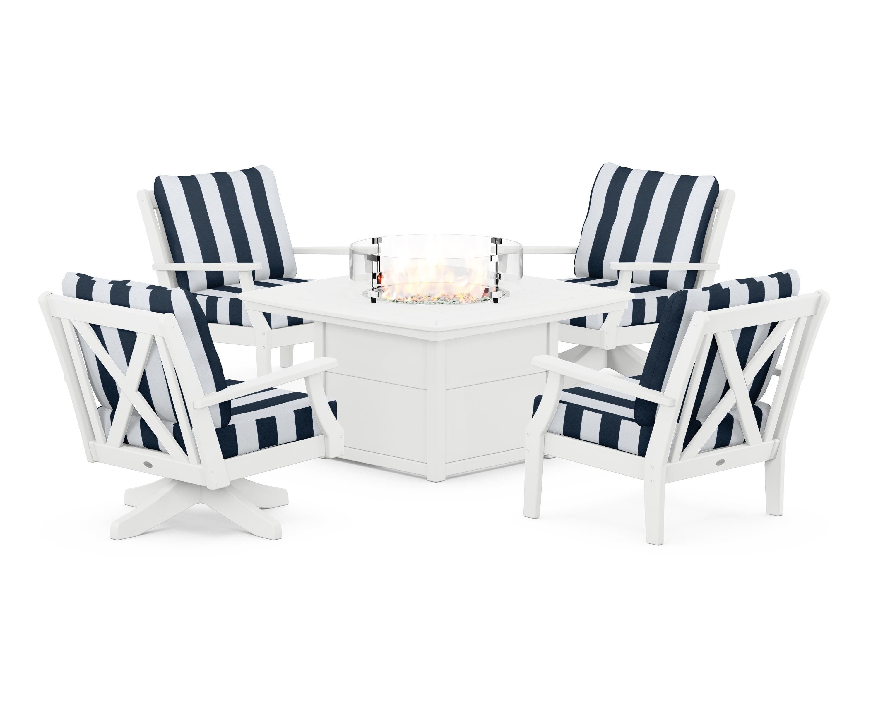 POLYWOOD® Braxton 5-Piece Deep Seating Set with Fire Table in White / Cabana Stripe Marine Indigo
