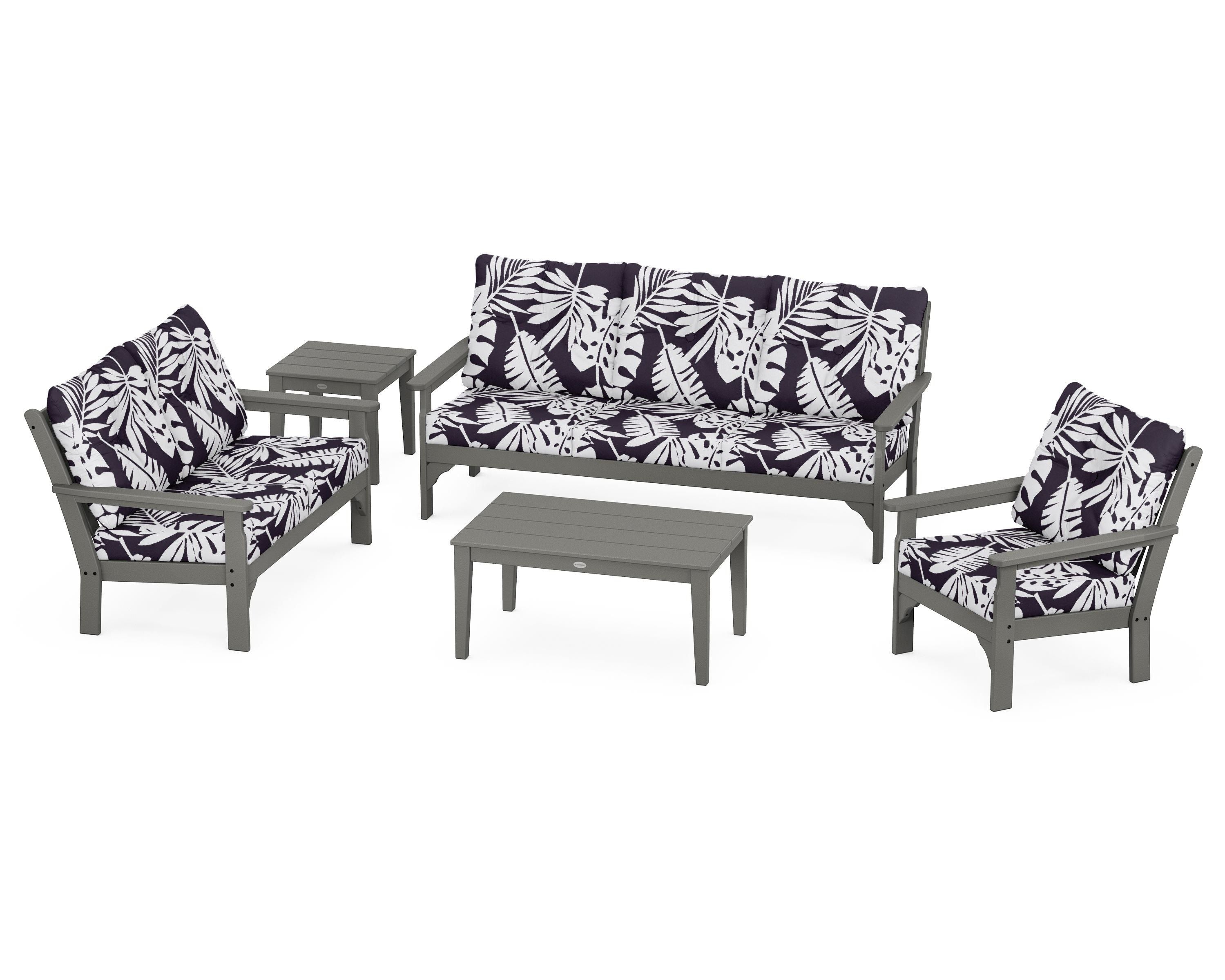 POLYWOOD® Vineyard 5 Piece Deep Seating Set in Slate Grey / Leaf Navy