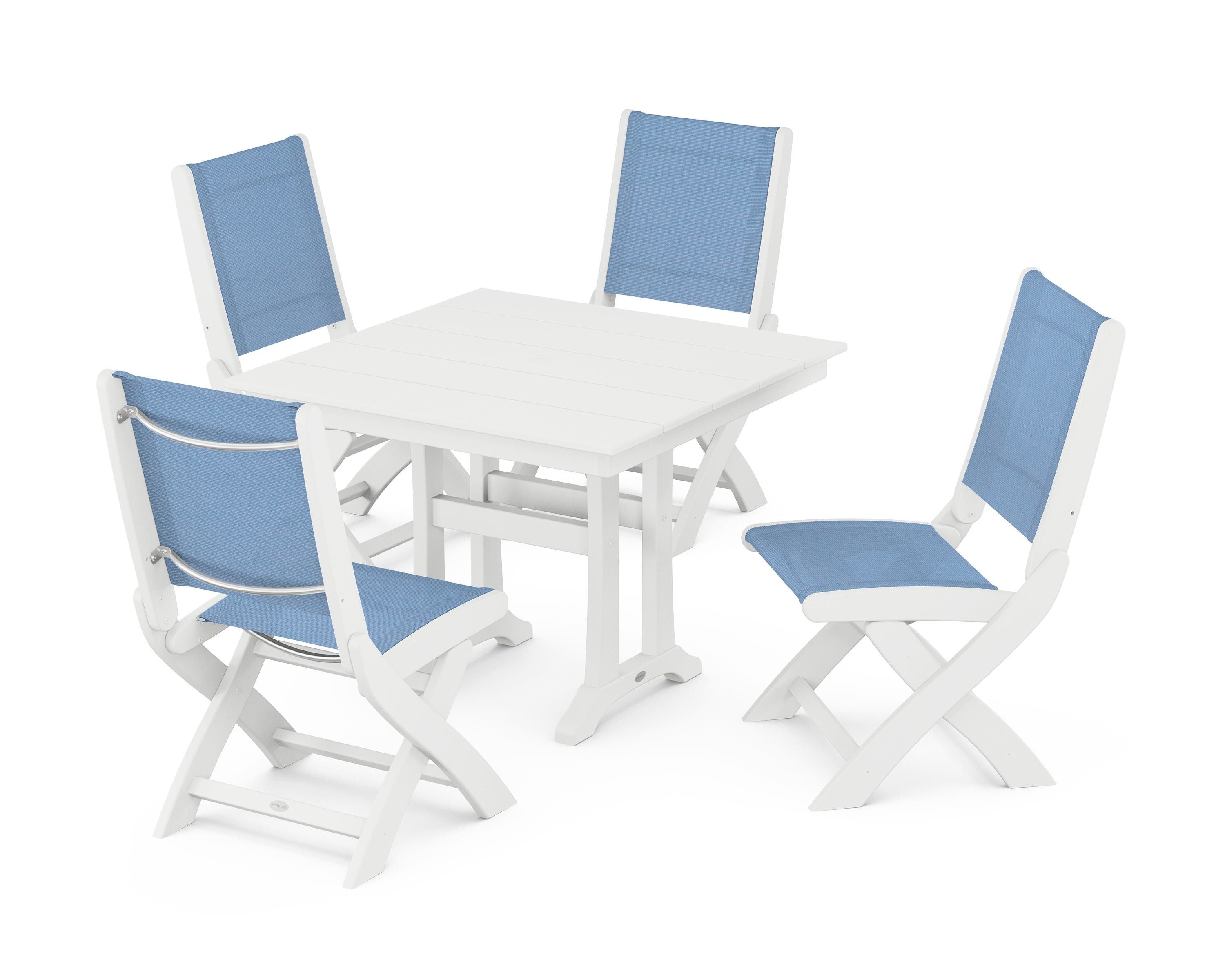POLYWOOD® Coastal Folding Side Chair 5-Piece Farmhouse Dining Set With Trestle Legs in White / Poolside Sling