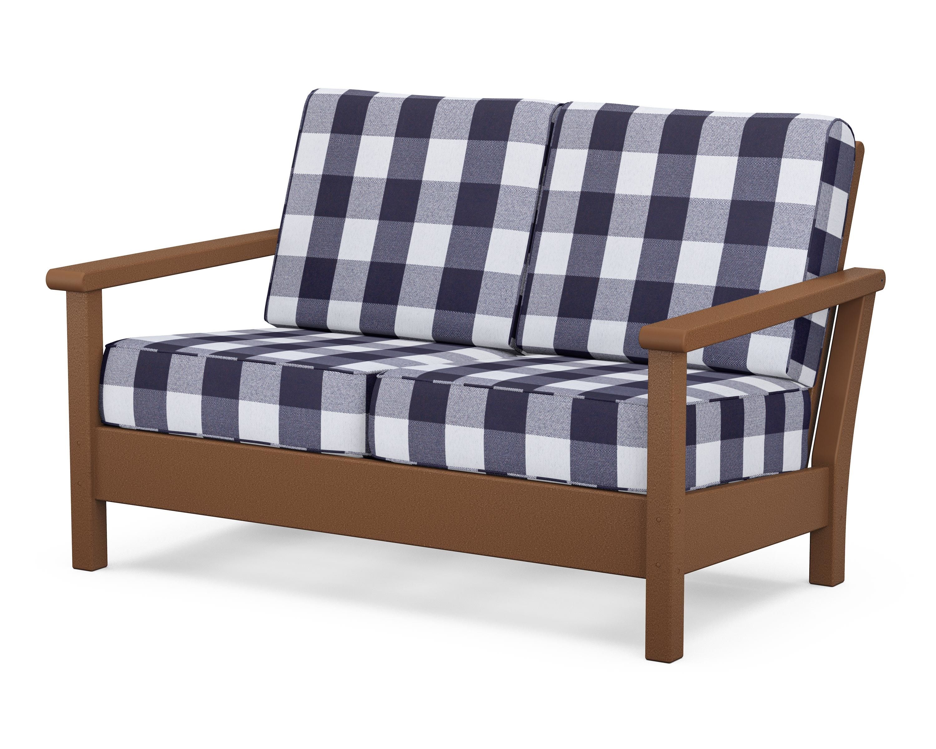 POLYWOOD® Harbour Deep Seating Loveseat in Teak / Buffalo Plaid Navy