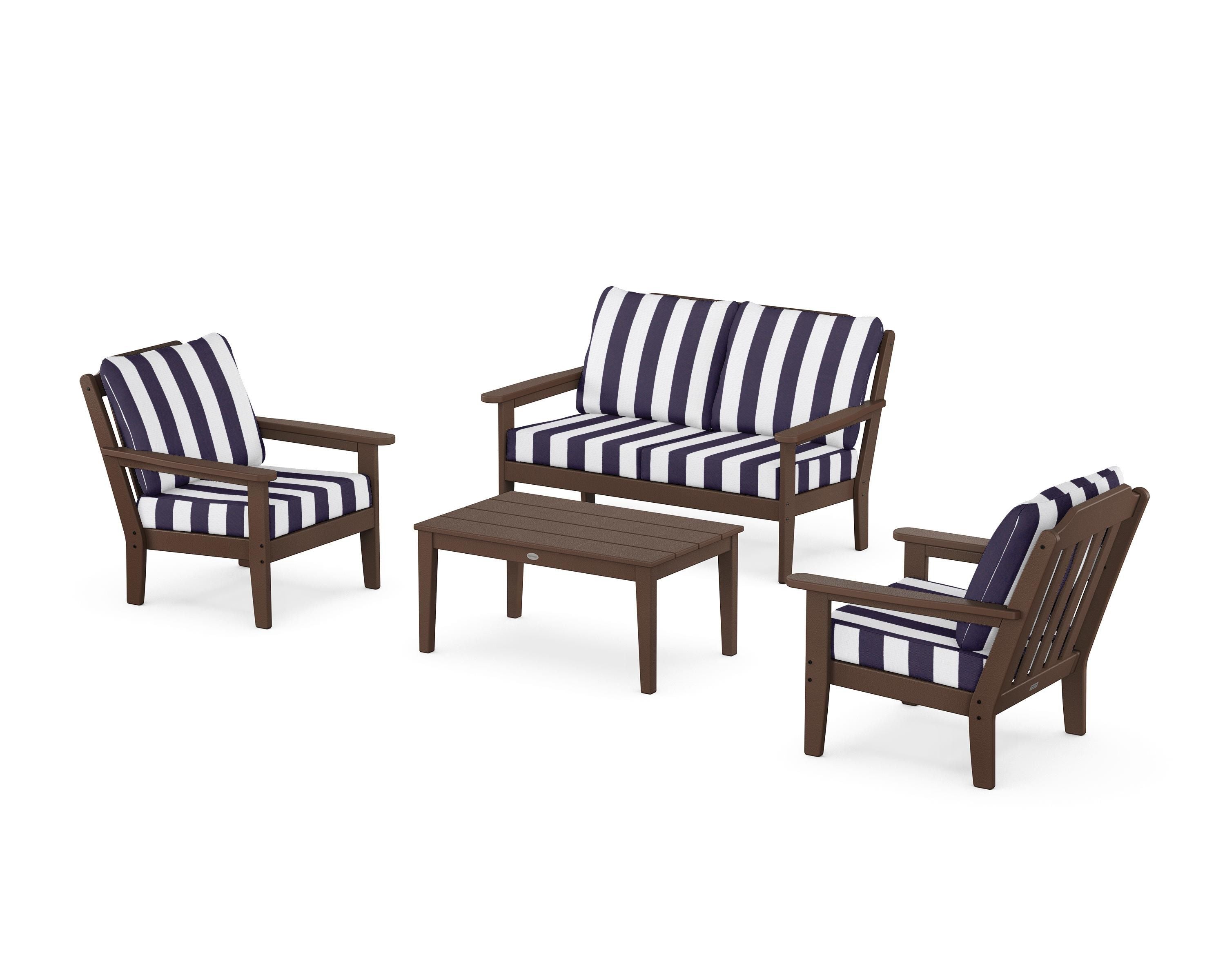 Country Living Cottage 4-Piece Deep Seating Set with Loveseat in Mahogany / Cabana Stripe Navy