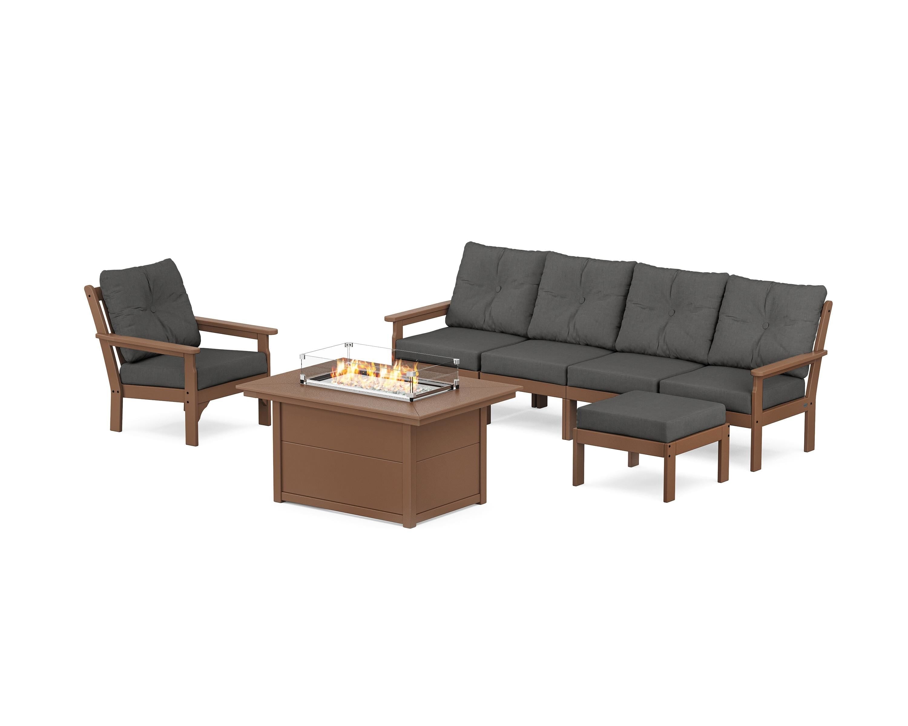 POLYWOOD® Vineyard Sectional Lounge and Fire Pit Set in Teak / Spectrum Carbon