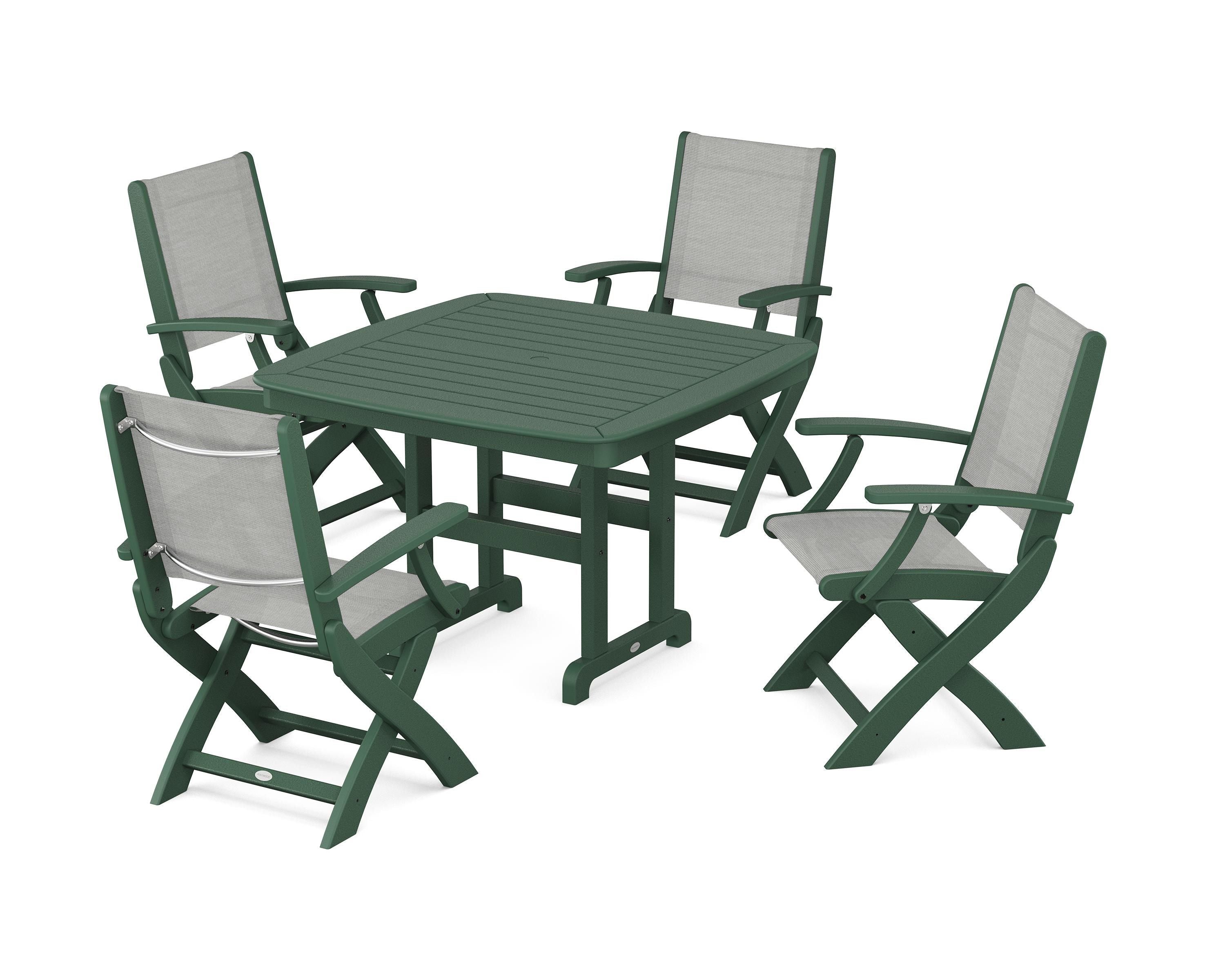 POLYWOOD® Coastal Folding Chair 5-Piece Dining Set in Green / Metallic Sling
