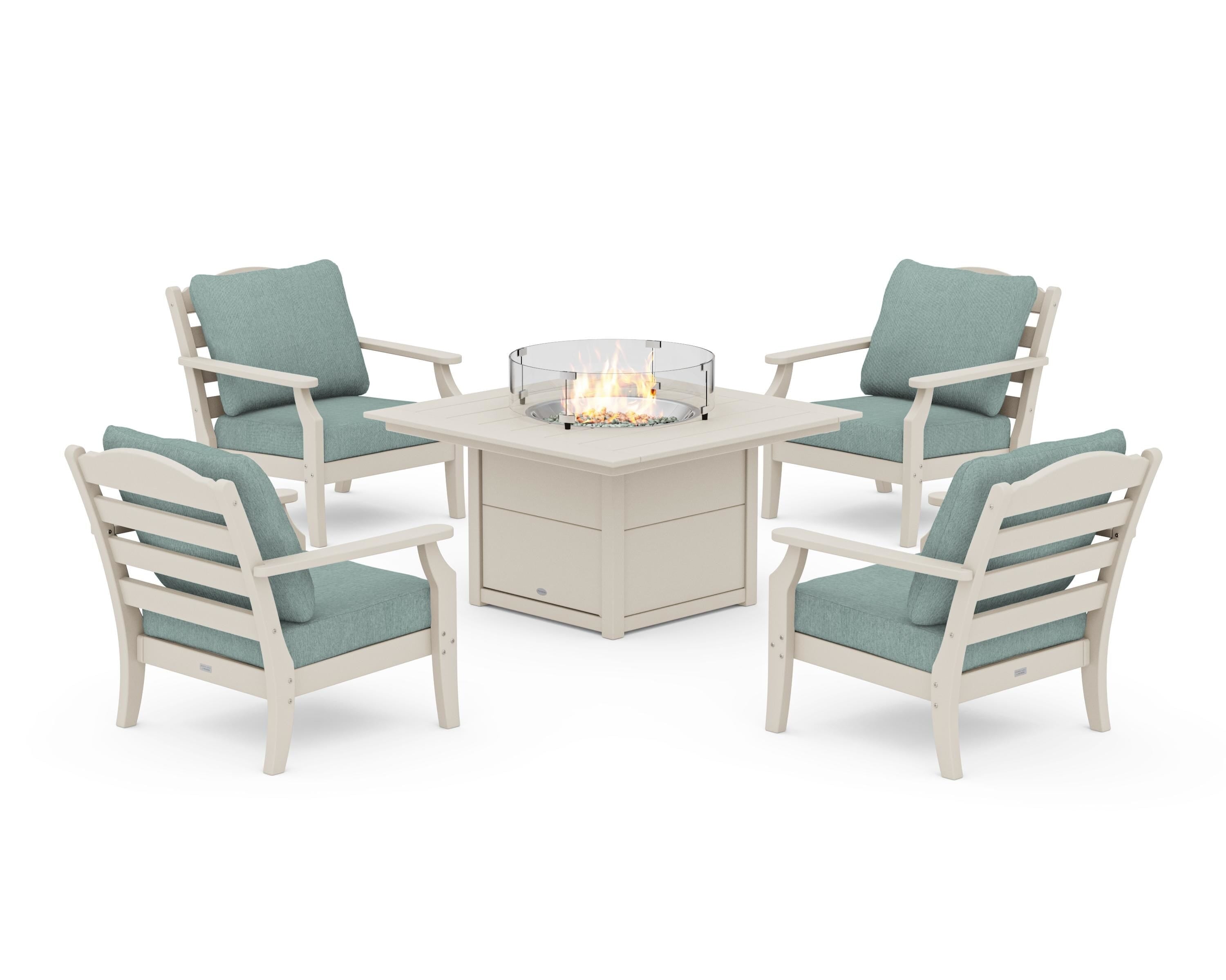 Draper James™ by POLYWOOD® Savannah 5-Piece Deep Seating Set with Fire Pit Table in Sand / Glacier Spa