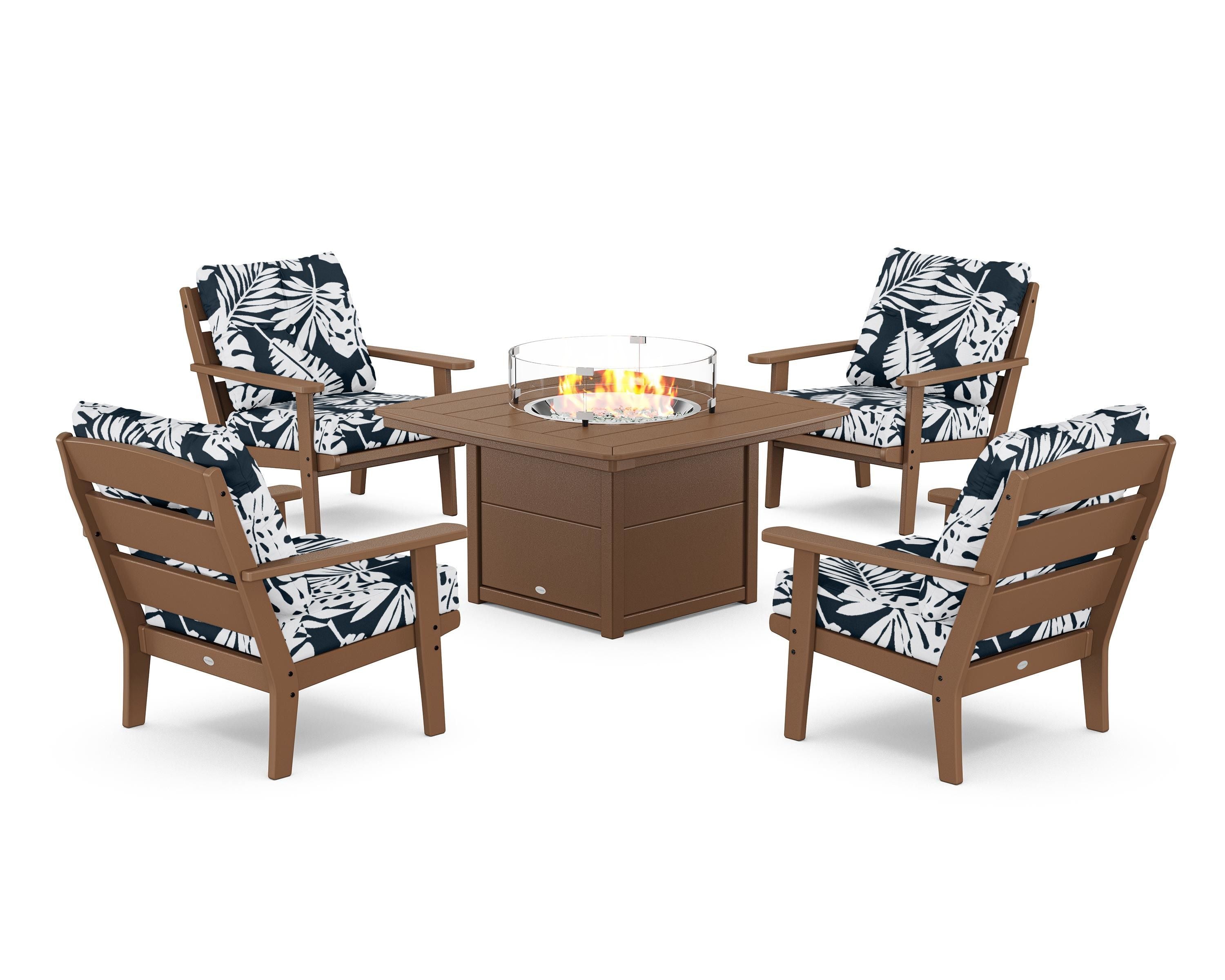 POLYWOOD® Lakeside 5-Piece Deep Seating Set with Nautical Fire Pit Table in Teak / Leaf Marine Indigo