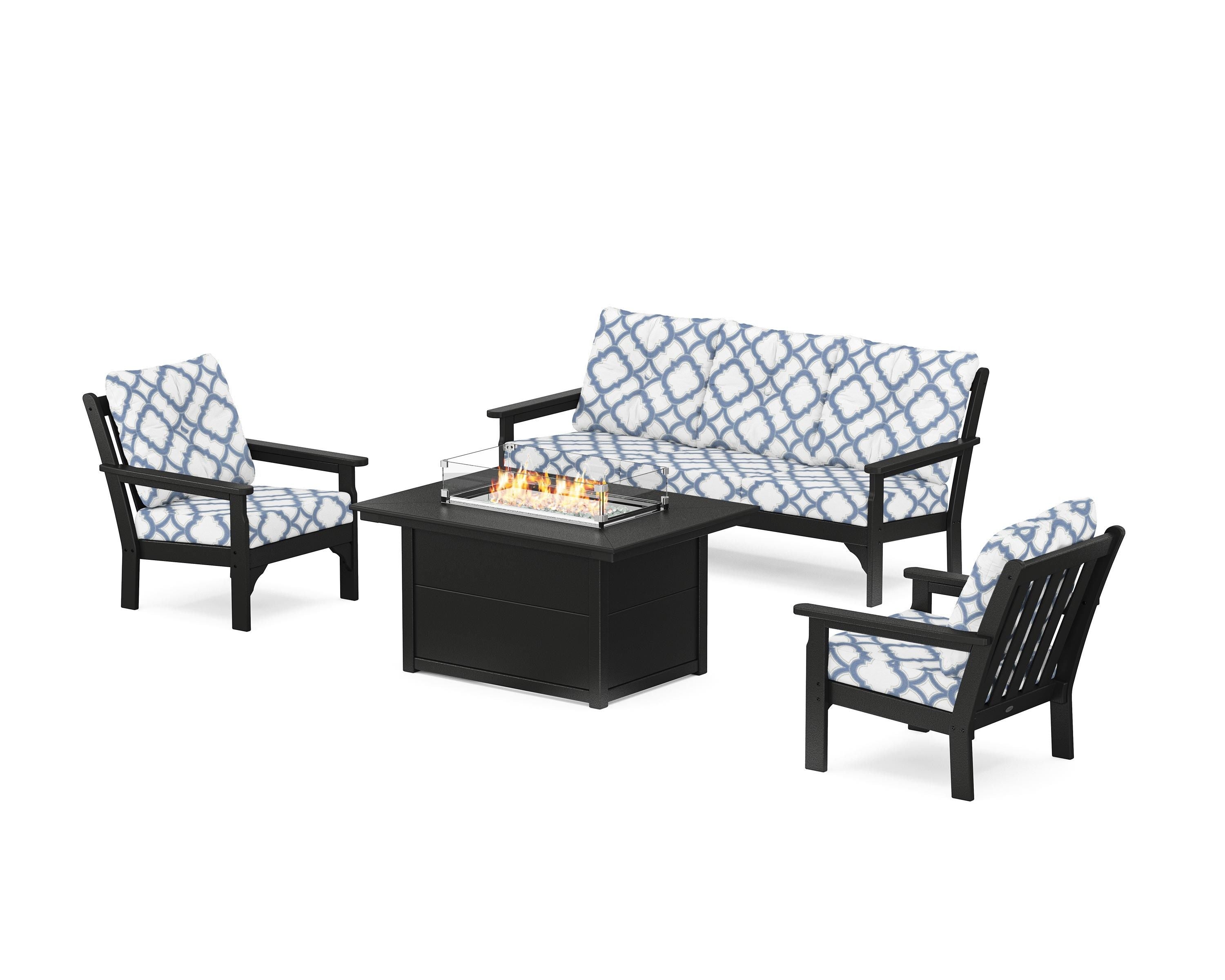 POLYWOOD® Vineyard Deep Seating Fire Pit Table Set in Black / Trellis Sky Blue