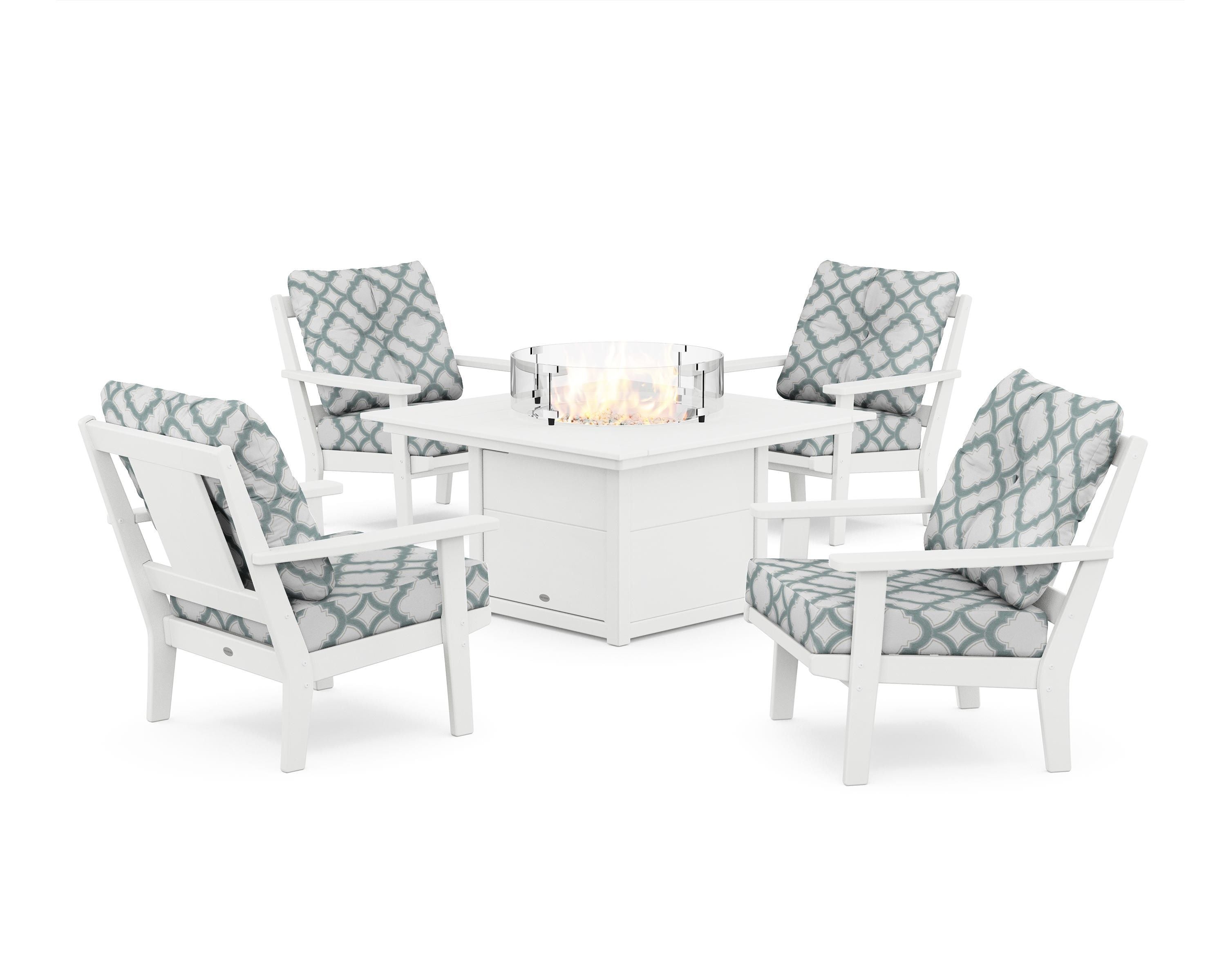 POLYWOOD® Prairie 5-Piece Deep Seating Set with Fire Pit Table in White / Trellis Glacier Spa