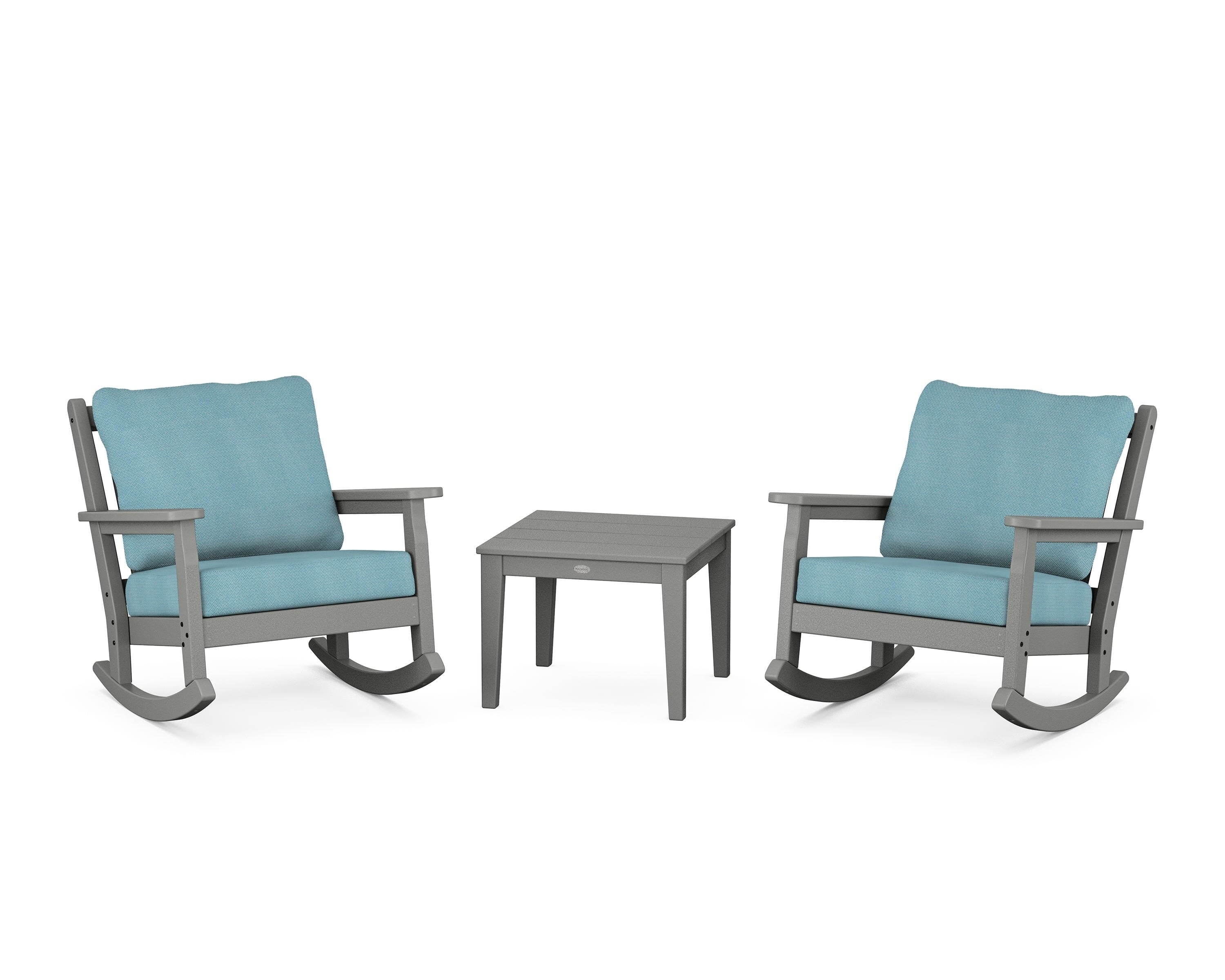 POLYWOOD® Chippendale 3-Piece Deep Seating Rocker Set in Slate Grey / Lattice Sky Blue
