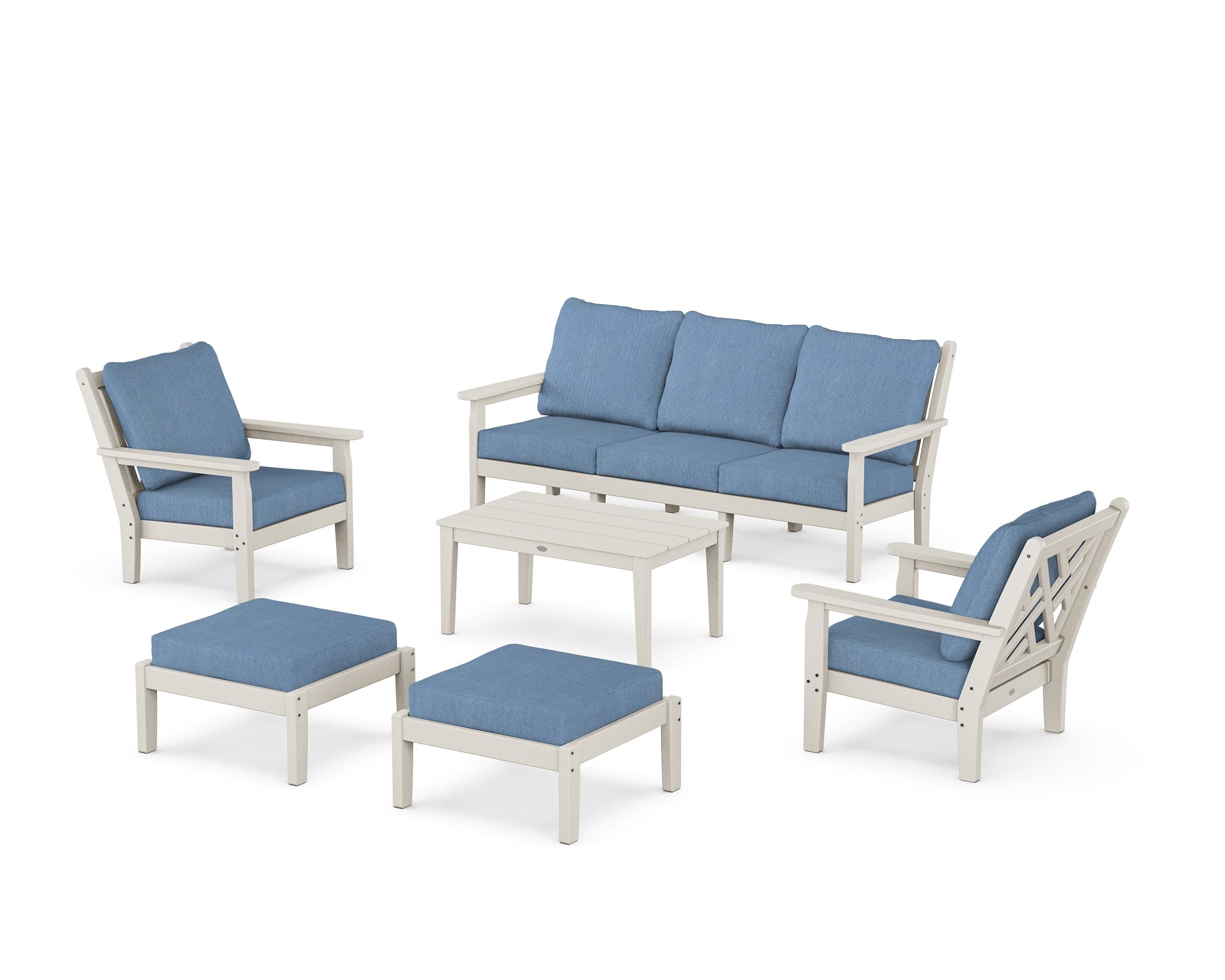 POLYWOOD® Chippendale 6-Piece Lounge Sofa Set in Sand / Sky Blue