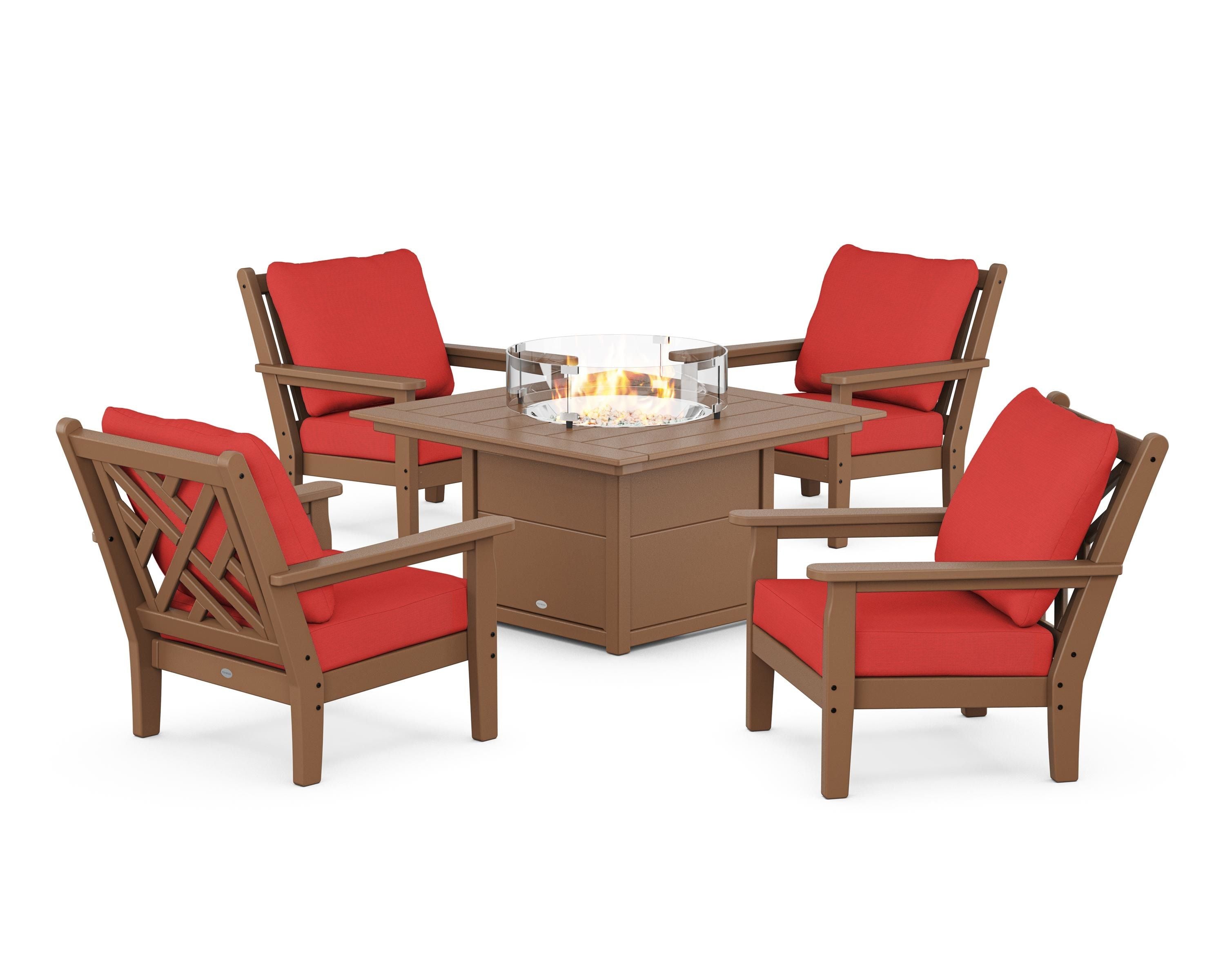 POLYWOOD® Chippendale 5-Piece Deep Seating Set with Fire Pit Table in Teak / Crimson Linen