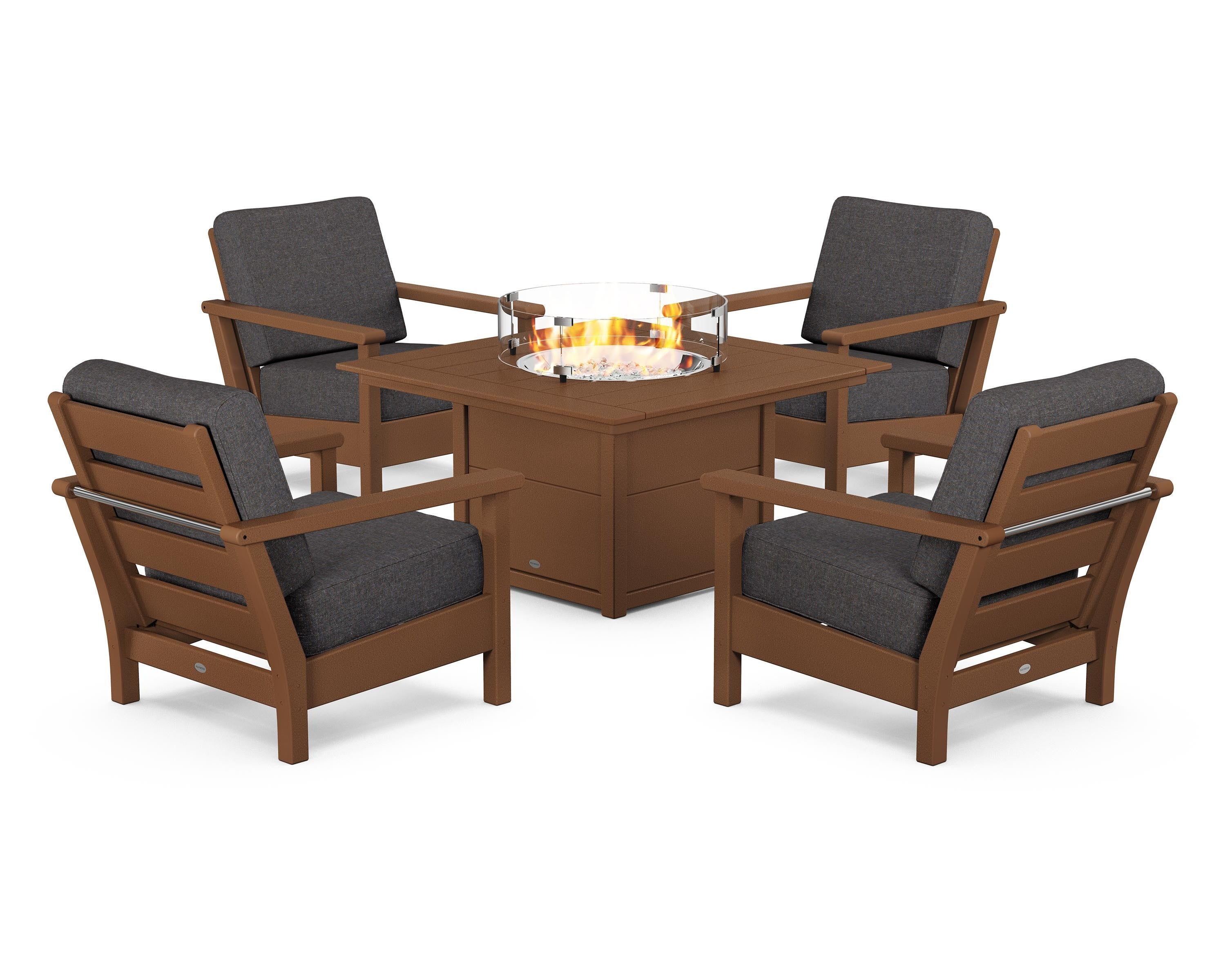 POLYWOOD® Harbour 5-Piece Conversation Set with Fire Pit Table in Teak / Ash Charcoal