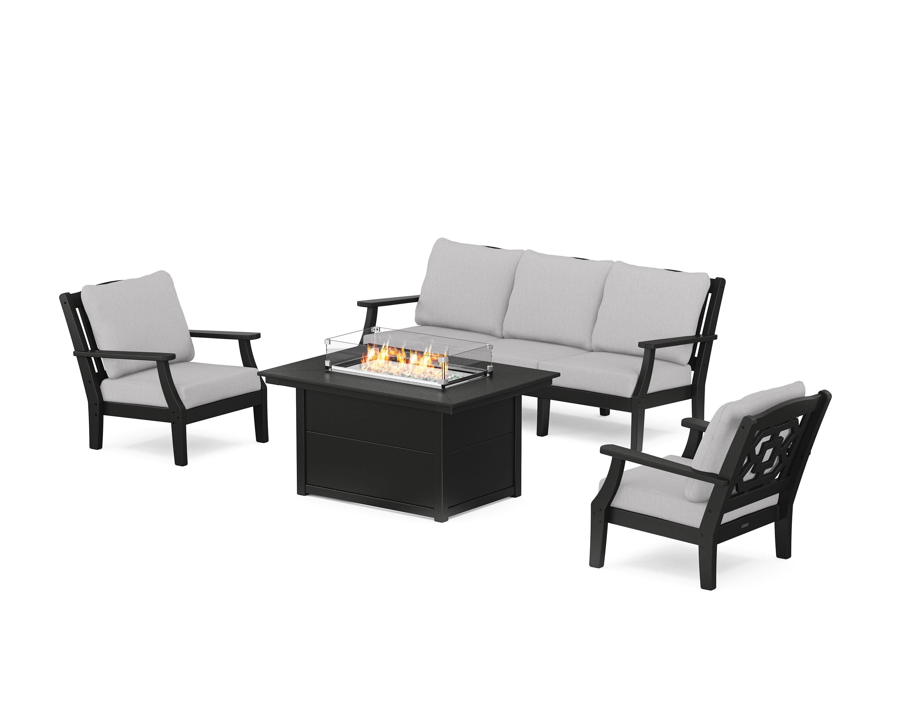 Martha Stewart by POLYWOOD® Chinoiserie Deep Seating Fire Pit Table Set in Black / Granite
