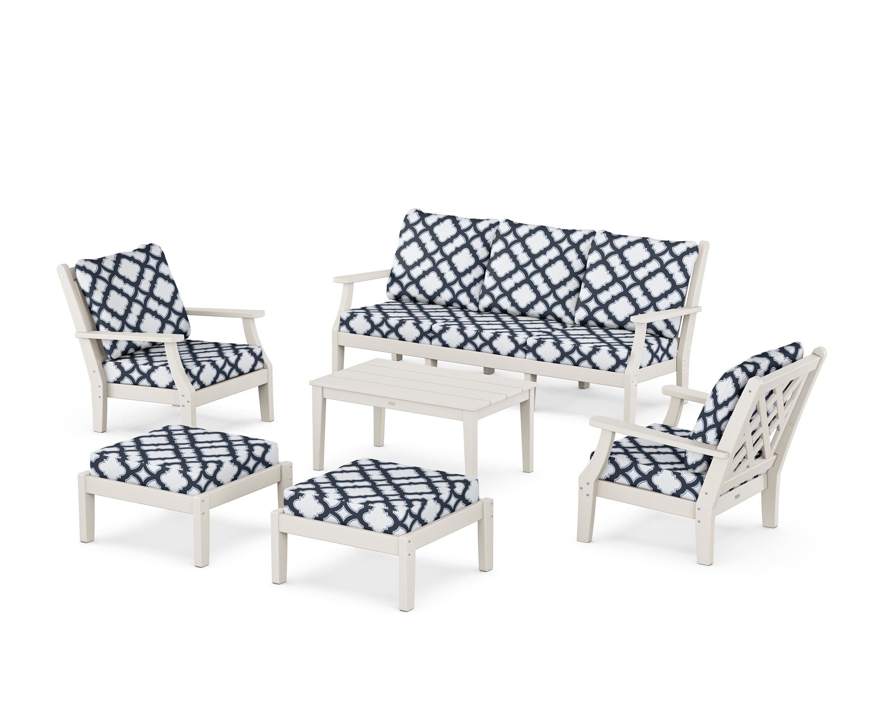 Country Living Wovendale 6-Piece Lounge Sofa Set in Sand / Trellis Marine Indigo