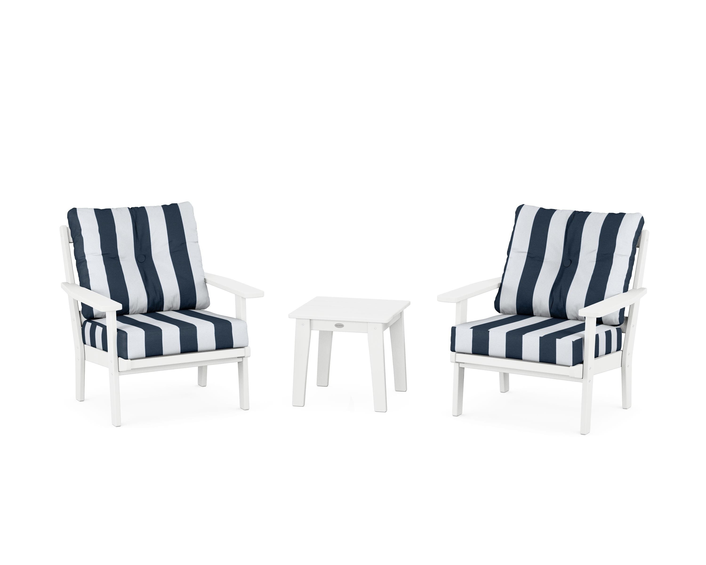 POLYWOOD® Oxford 3-Piece Deep Seating Set in White / Cabana Stripe Marine Indigo