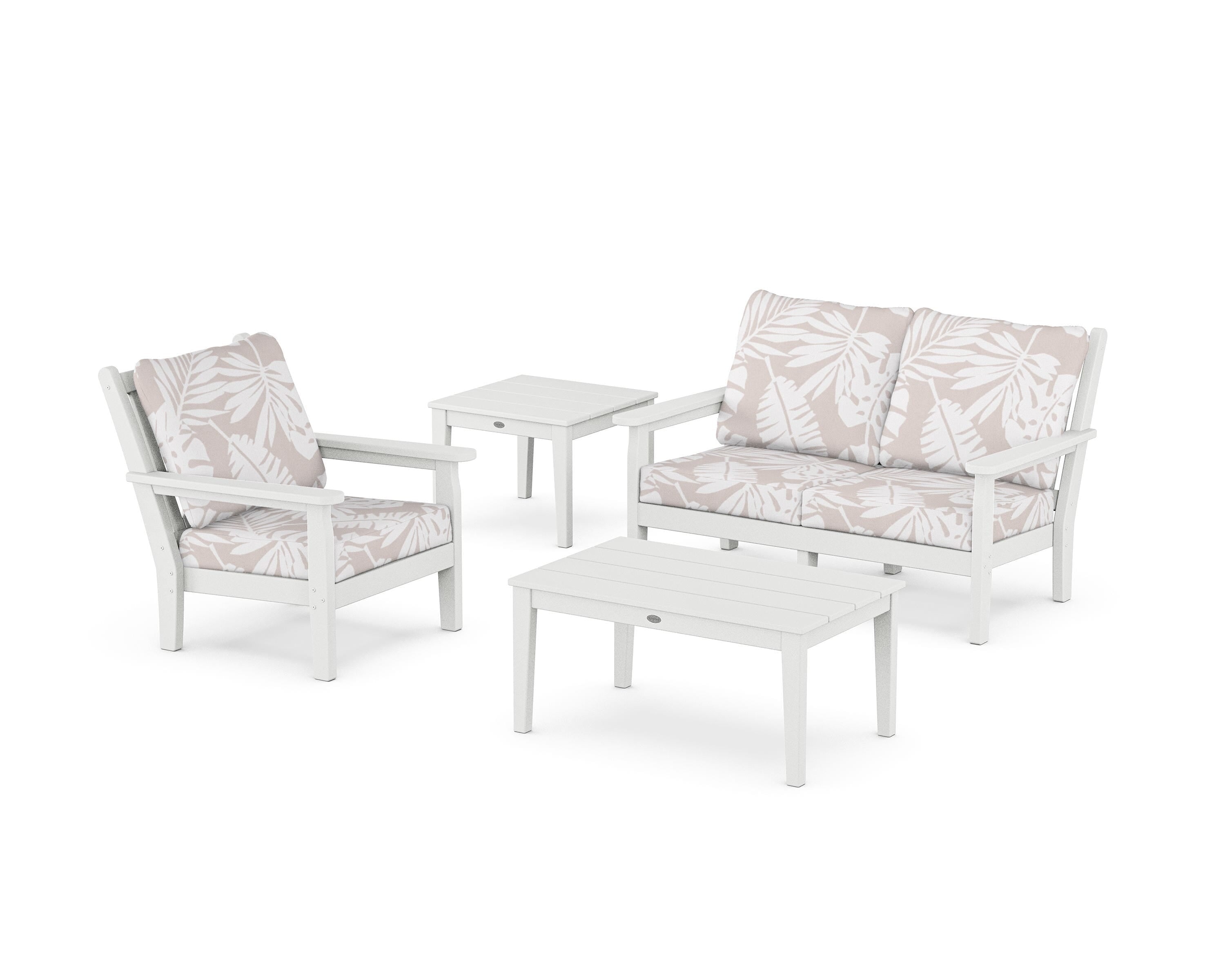 POLYWOOD® Chippendale 4-Piece Deep Seating Set in White / Leaf Dune Burlap