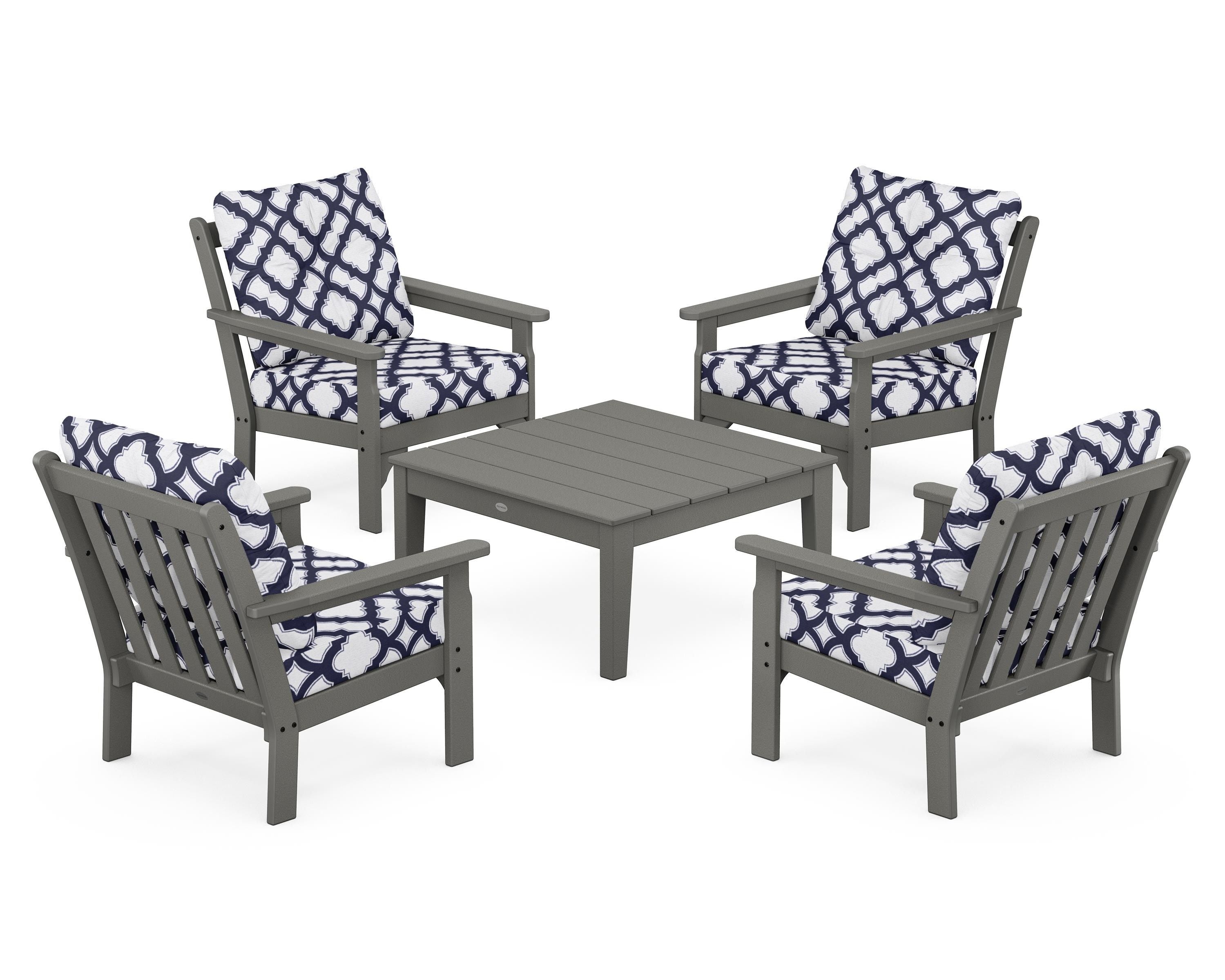POLYWOOD® Vineyard 5-Piece Deep Seating Conversation Set in Slate Grey / Trellis Navy