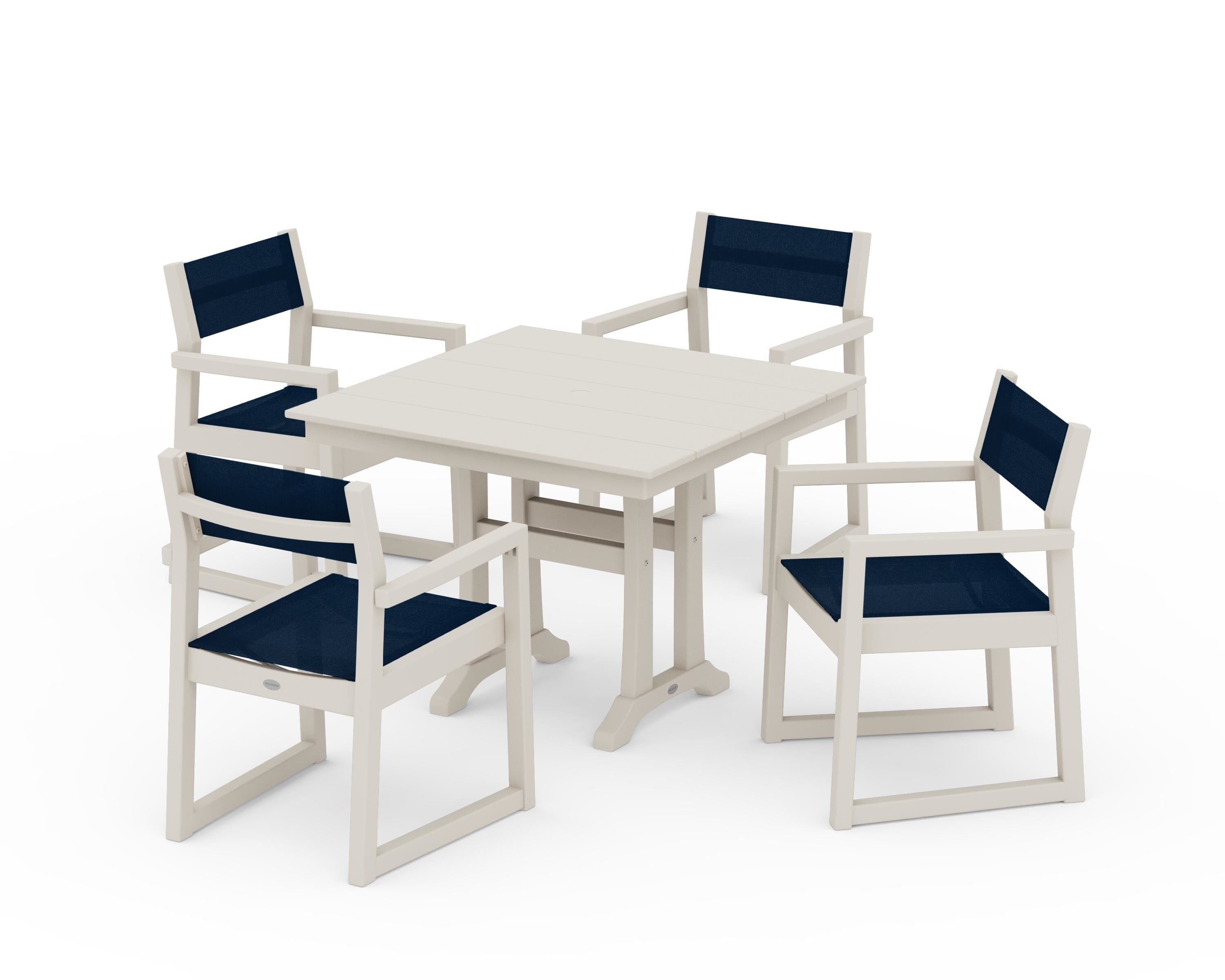 POLYWOOD® EDGE Sling 5-Piece Farmhouse Dining Set with Trestle Legs in Sand / Navy Blue Sling