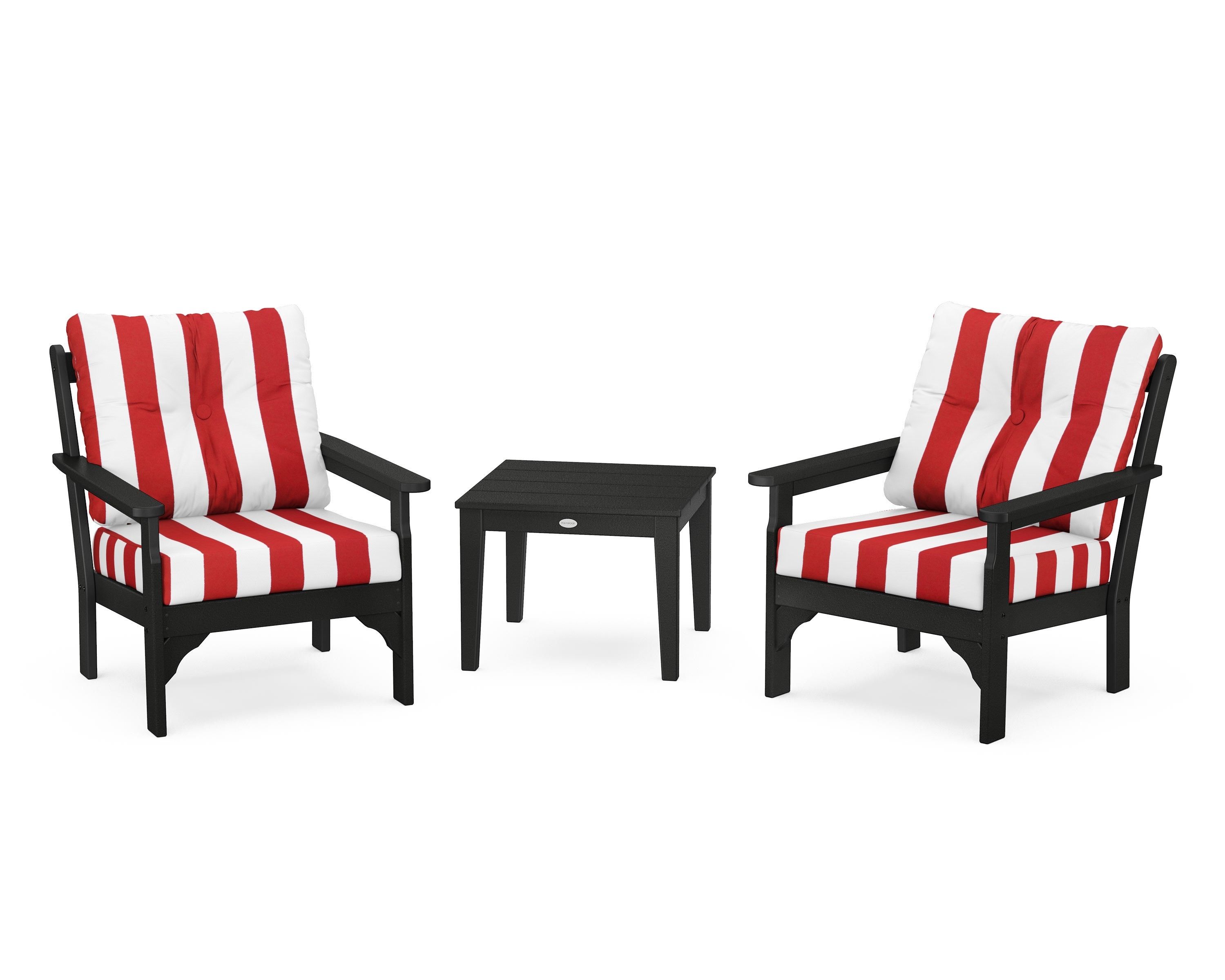 POLYWOOD® Vineyard 3-Piece Deep Seating Set in Black / Cabana Stripe Crimson