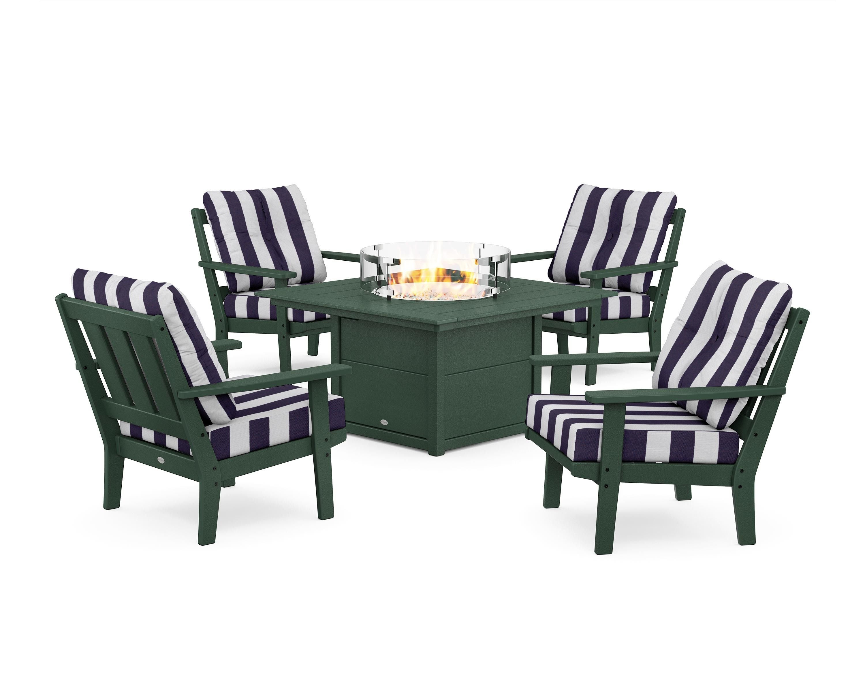POLYWOOD® Oxford 5-Piece Deep Seating Set with Fire Pit Table in Green / Cabana Stripe Navy