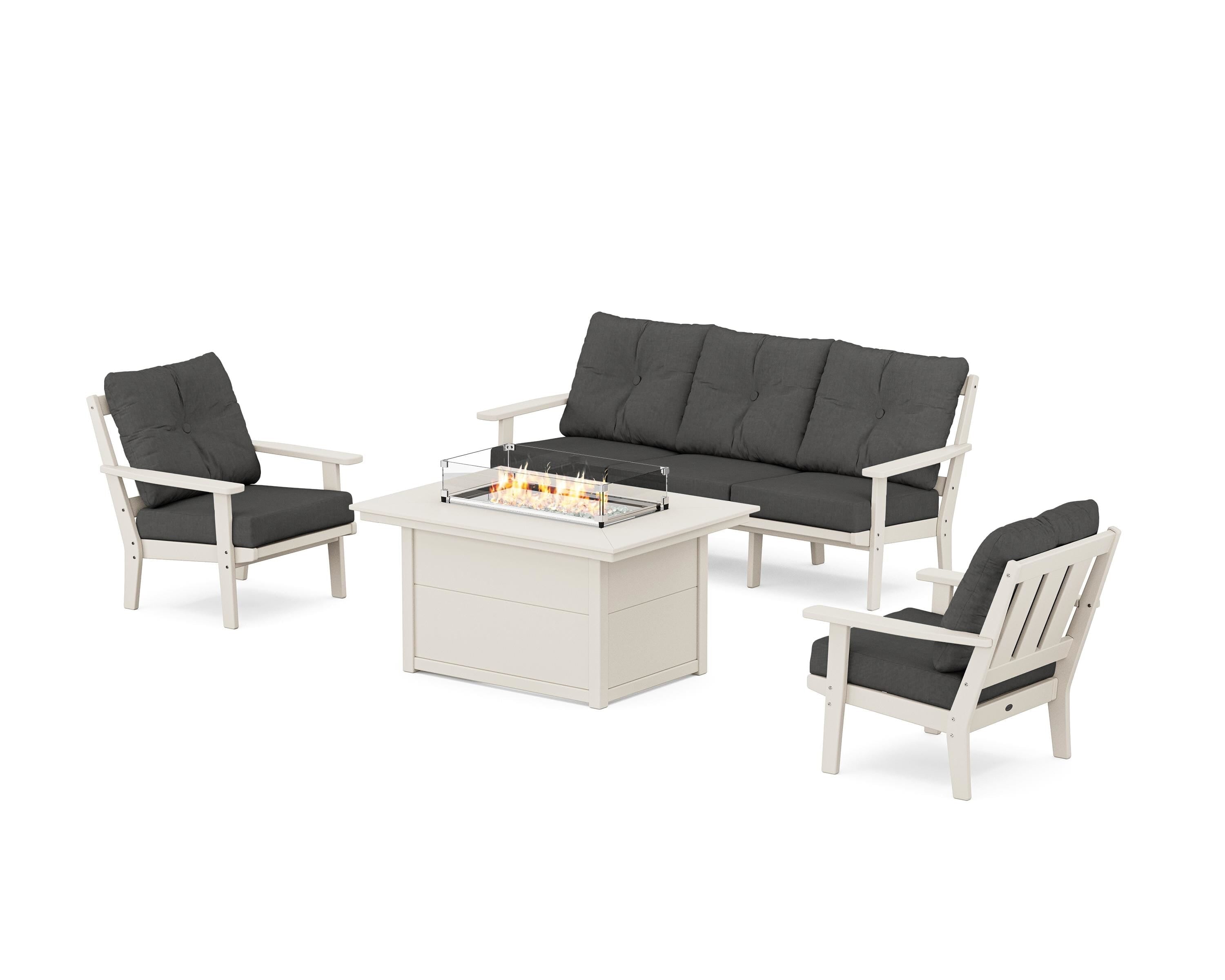 POLYWOOD® Oxford Deep Seating Fire Pit Table Set in Sand / Spectrum Carbon