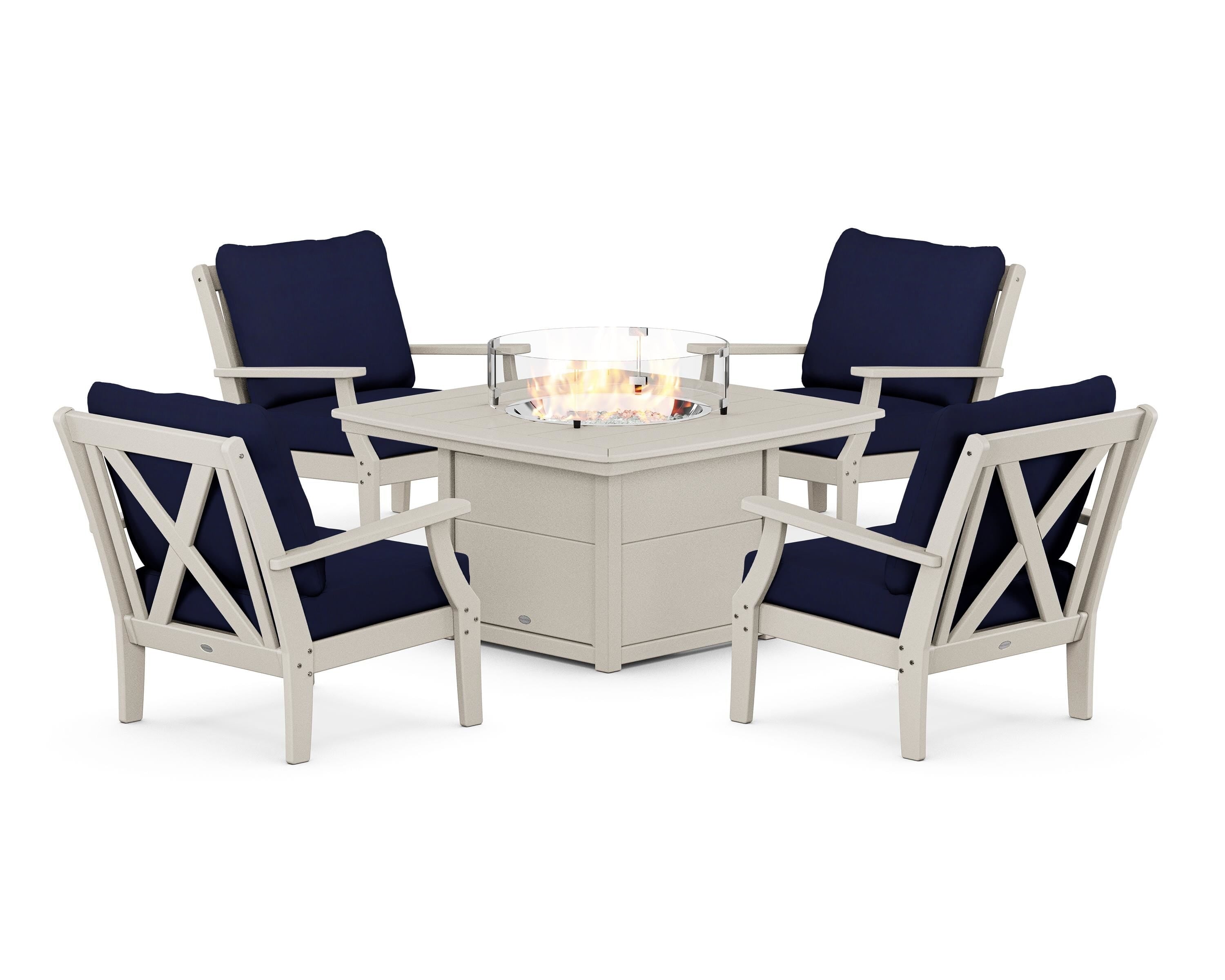 POLYWOOD® Braxton 5-Piece Deep Seating Conversation Set with Fire Pit Table in Sand / Navy