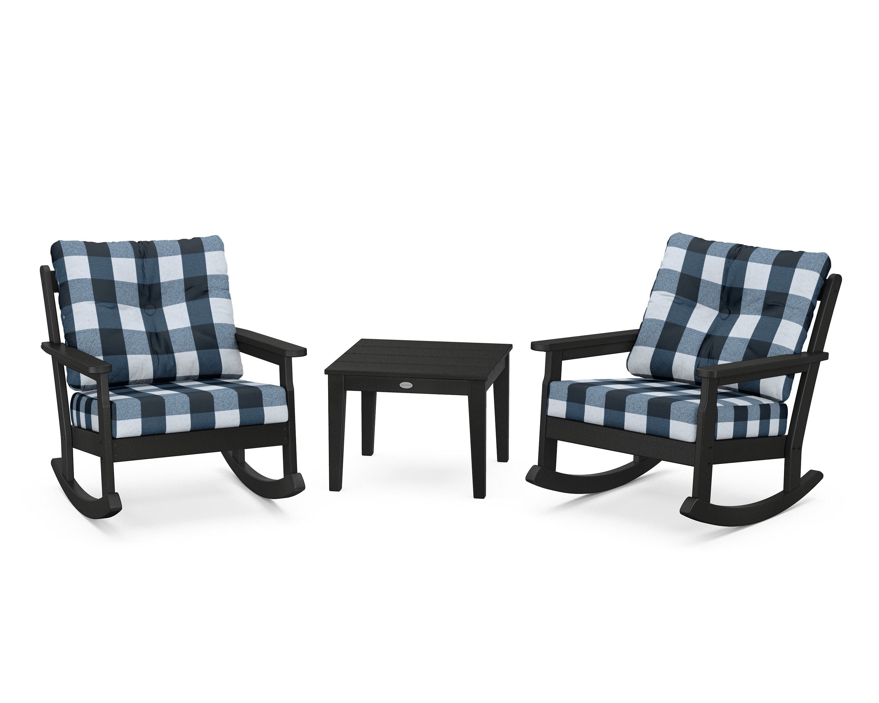 POLYWOOD® Vineyard 3-Piece Deep Seating Rocker Set in Black / Buffalo Plaid Marine Indigo