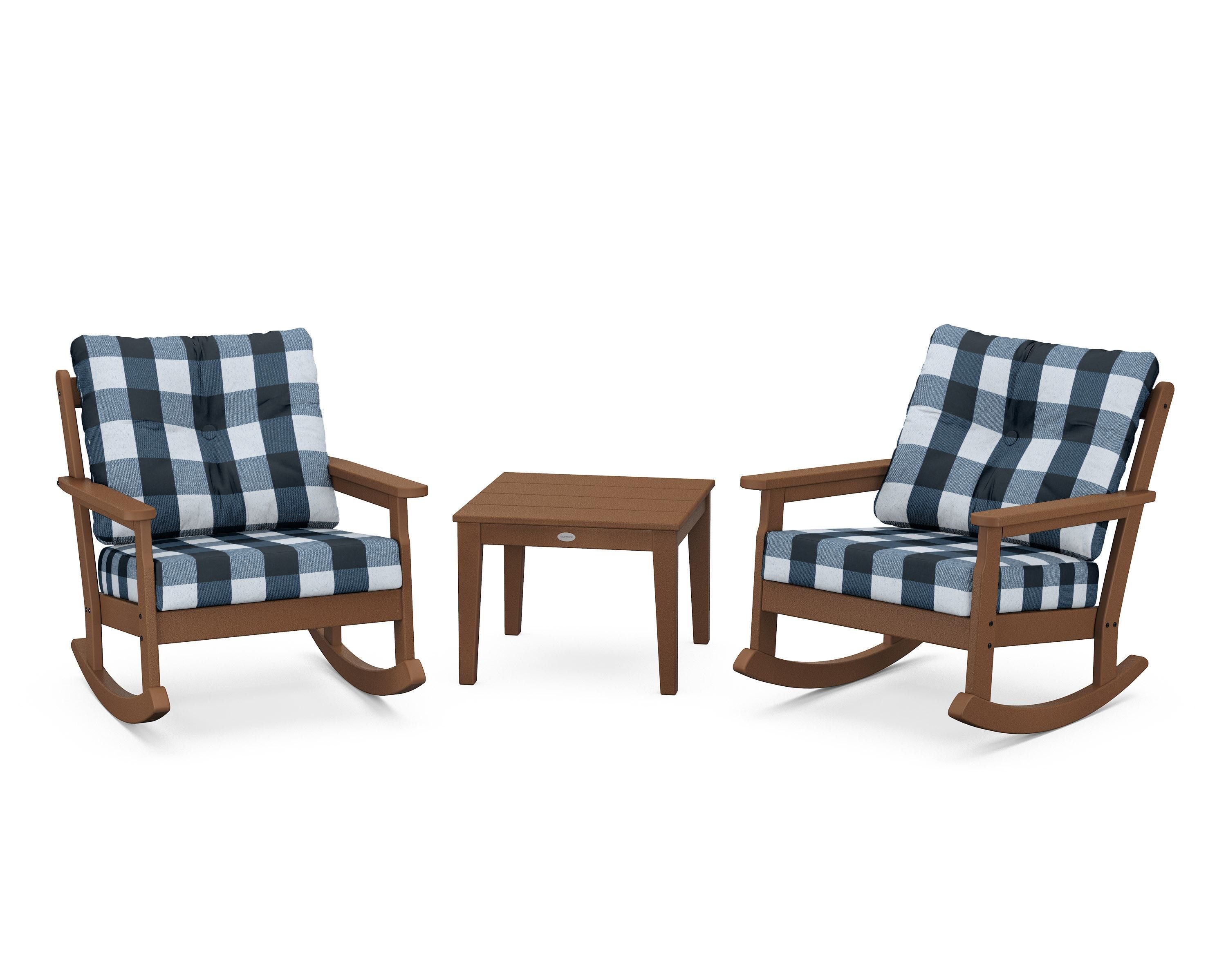 POLYWOOD® Vineyard 3-Piece Deep Seating Rocker Set in Teak / Buffalo Plaid Marine Indigo