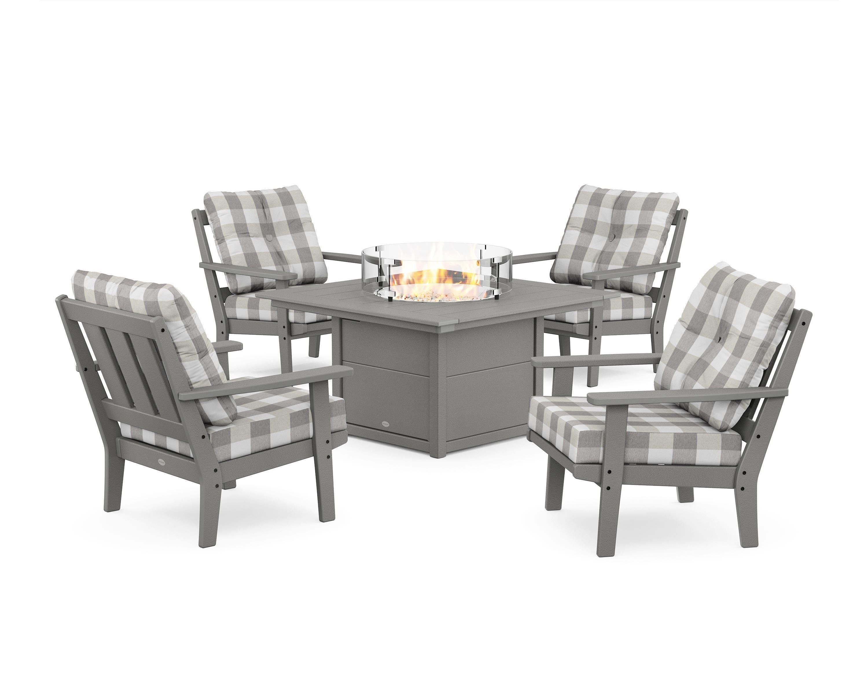 POLYWOOD® Oxford 5-Piece Deep Seating Set with Fire Pit Table in Slate Grey / Buffalo Plaid Grey Mist