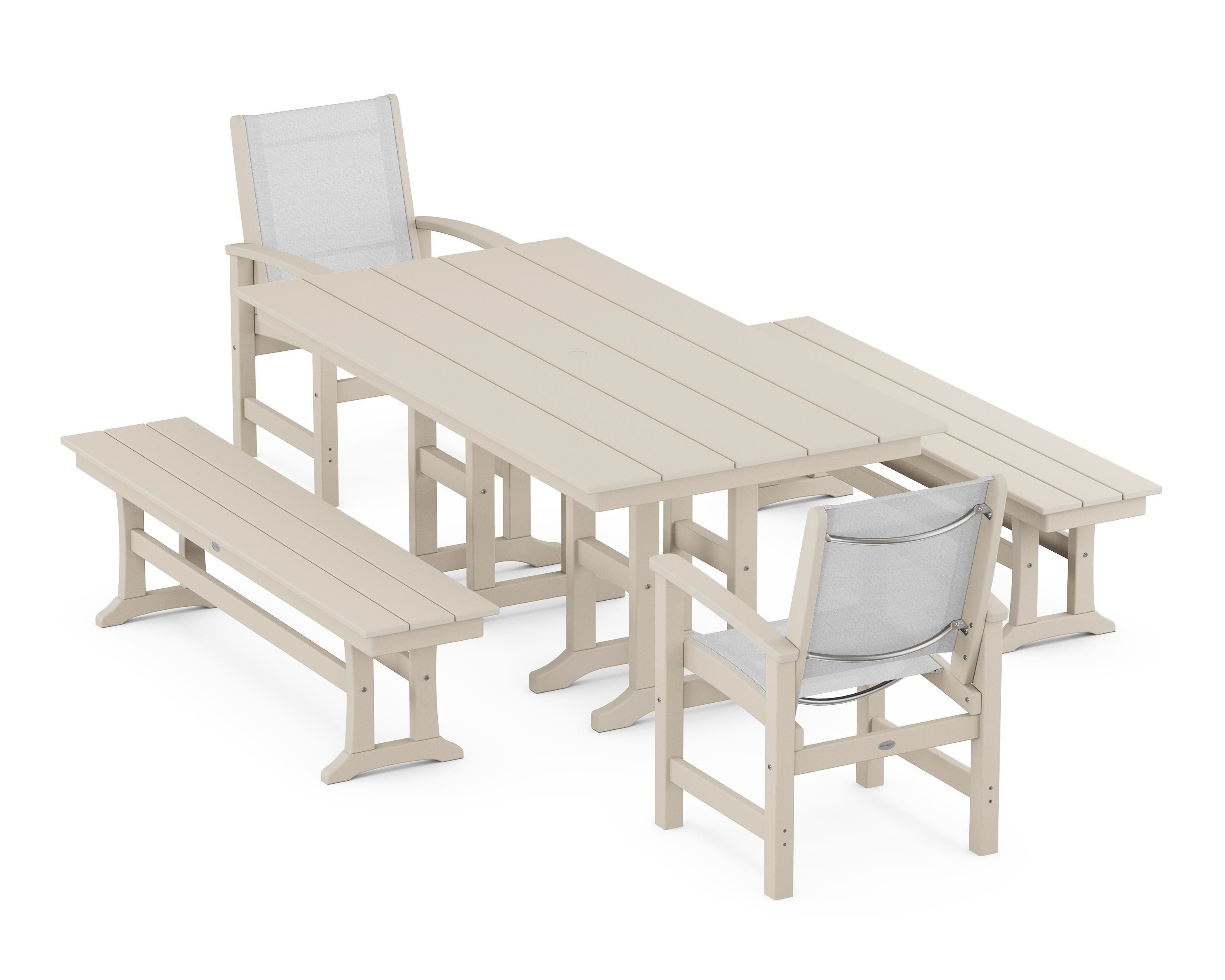 POLYWOOD® Coastal 5-Piece Farmhouse Dining Set in Sand / White Sling