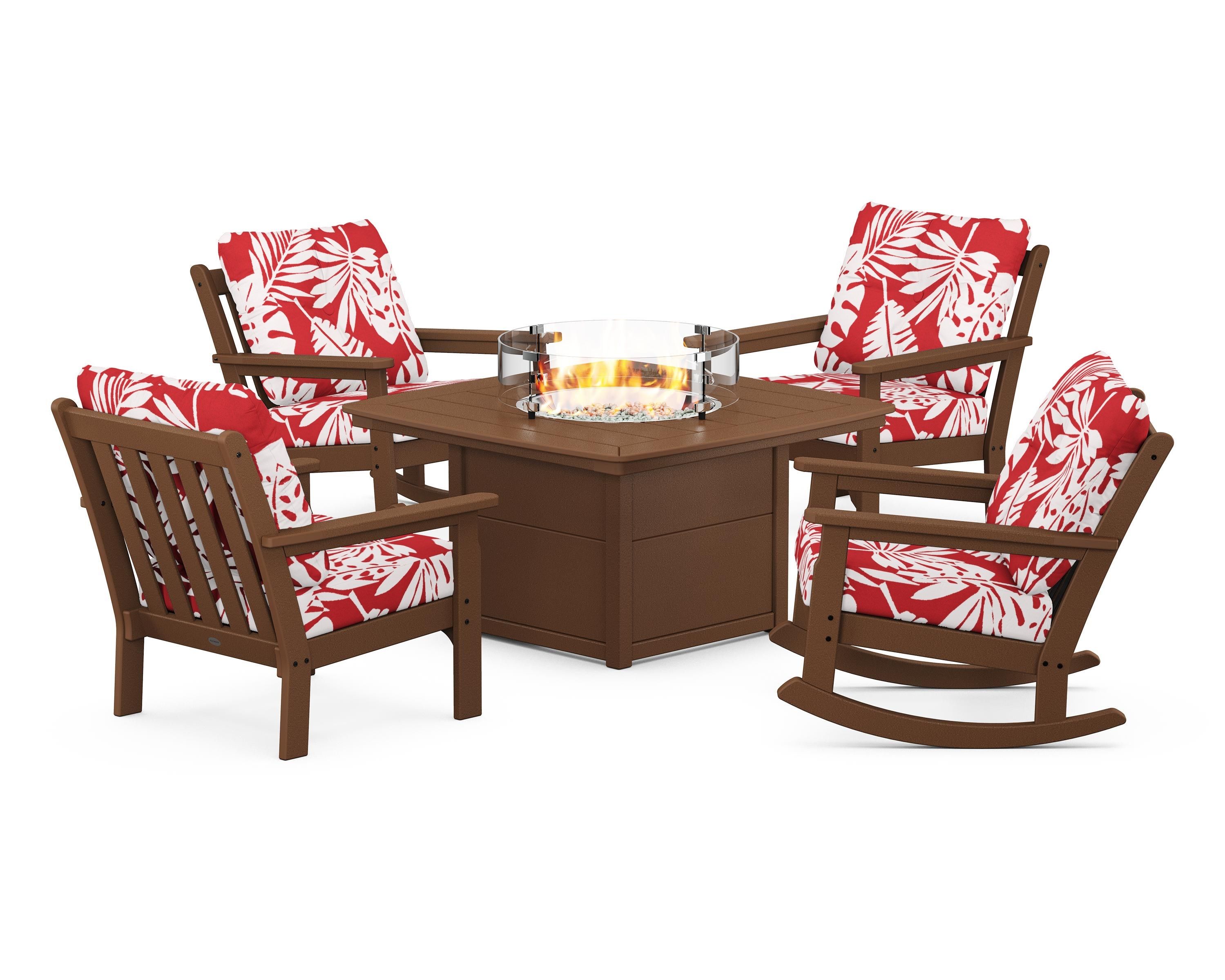 POLYWOOD® Vineyard 5-Piece Deep Seating Rocking Chair Conversation Set with Fire Pit Table in Teak / Leaf Crimson