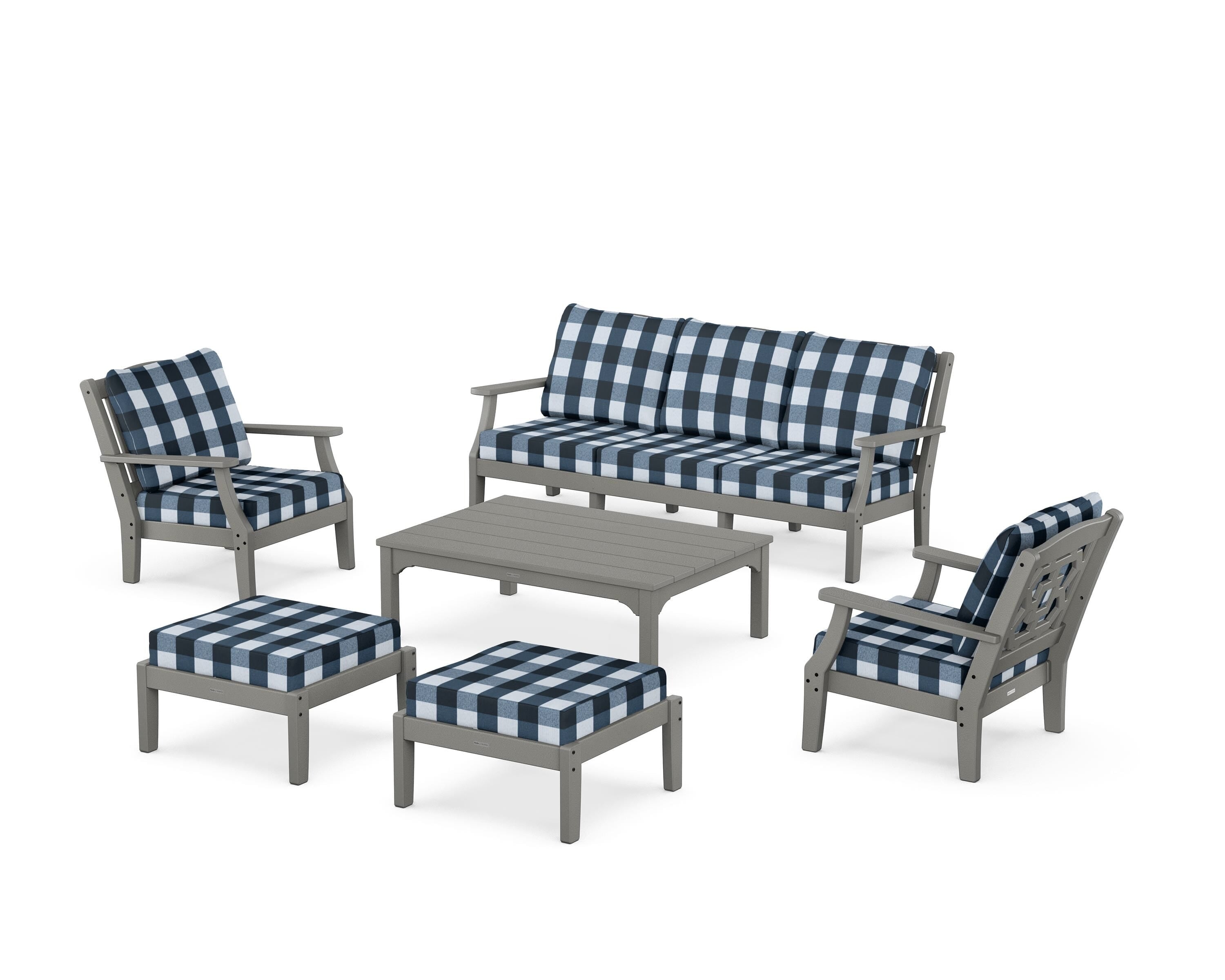 Martha Stewart by POLYWOOD® Chinoiserie 6-Piece Lounge Sofa Set in Slate Grey / Buffalo Plaid Marine Indigo