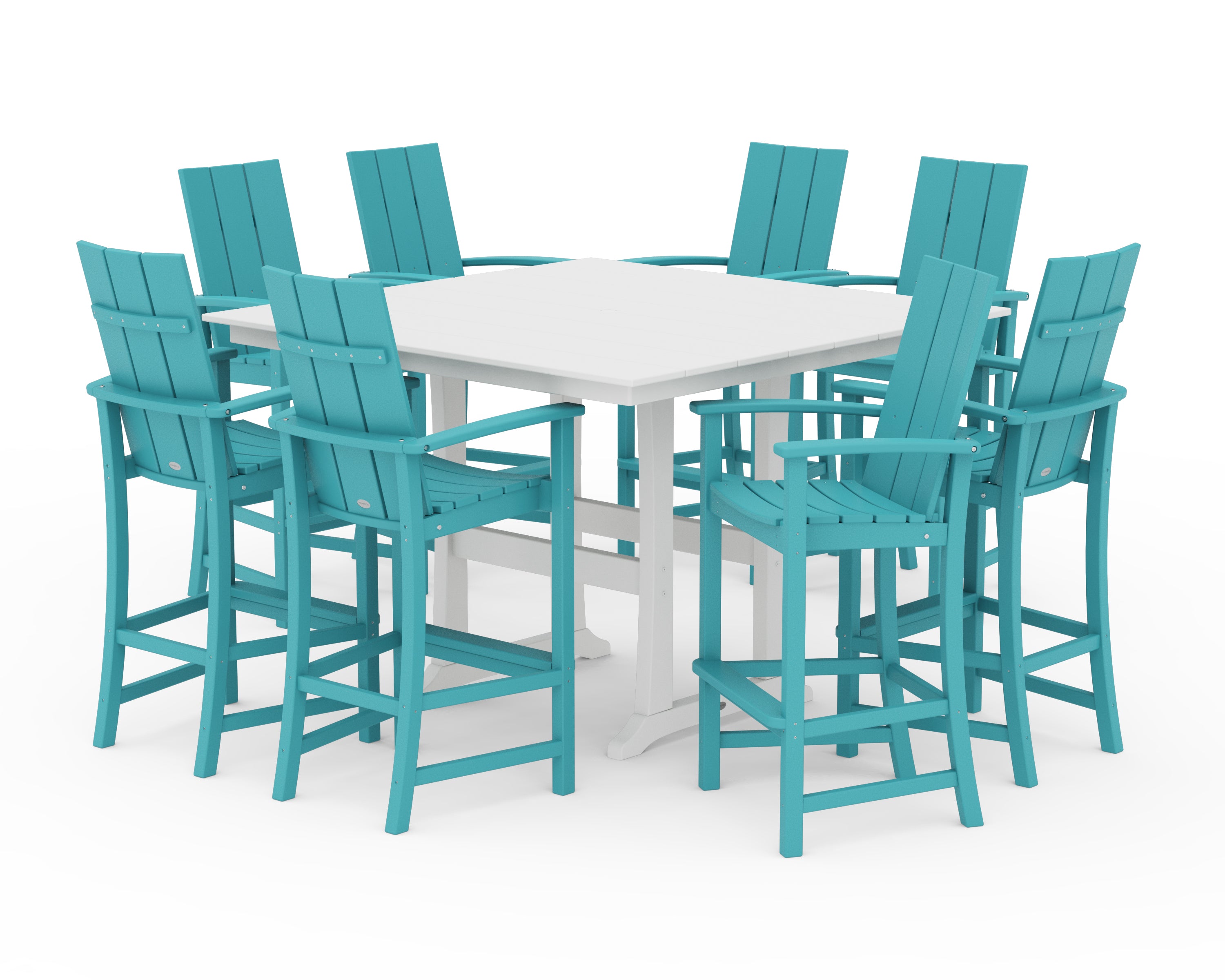 POLYWOOD® Modern Adirondack 9-Piece Farmhouse Trestle Bar Set in Aruba / White