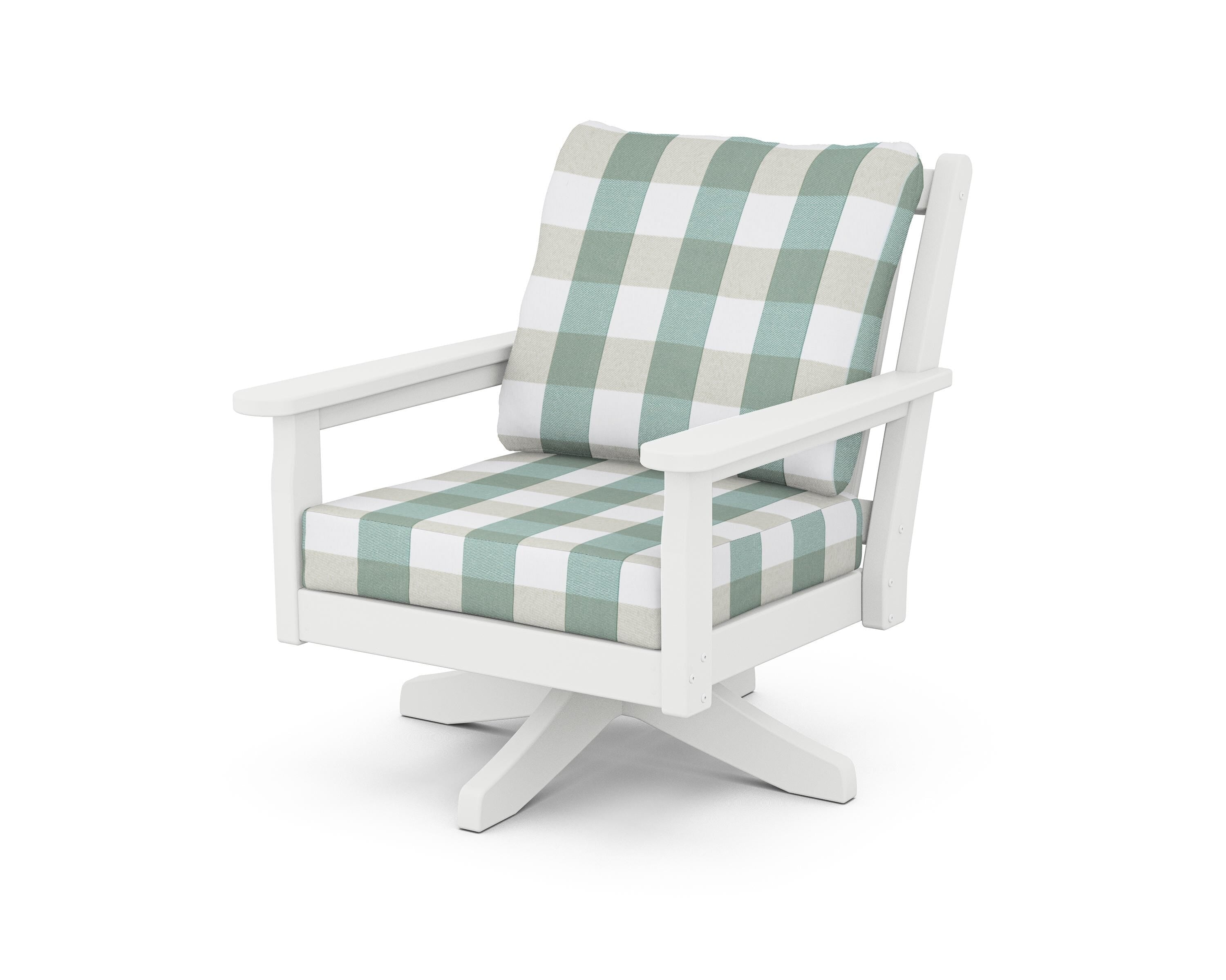 POLYWOOD® Chippendale Deep Seating Swivel Chair in White / Buffalo Plaid Glacier Spa