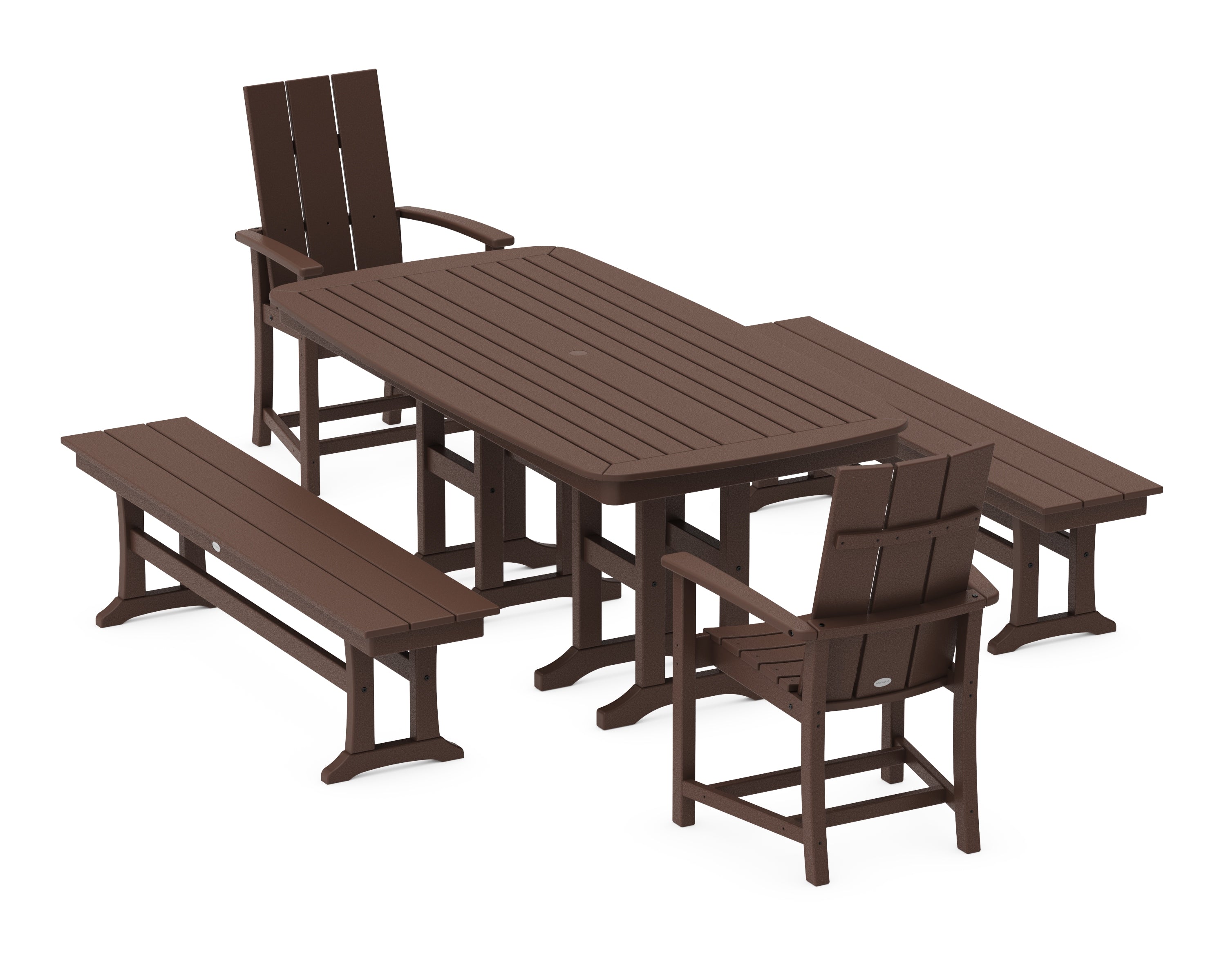 POLYWOOD® Modern Adirondack 5-Piece Farmhouse Dining Set with Benches in Mahogany