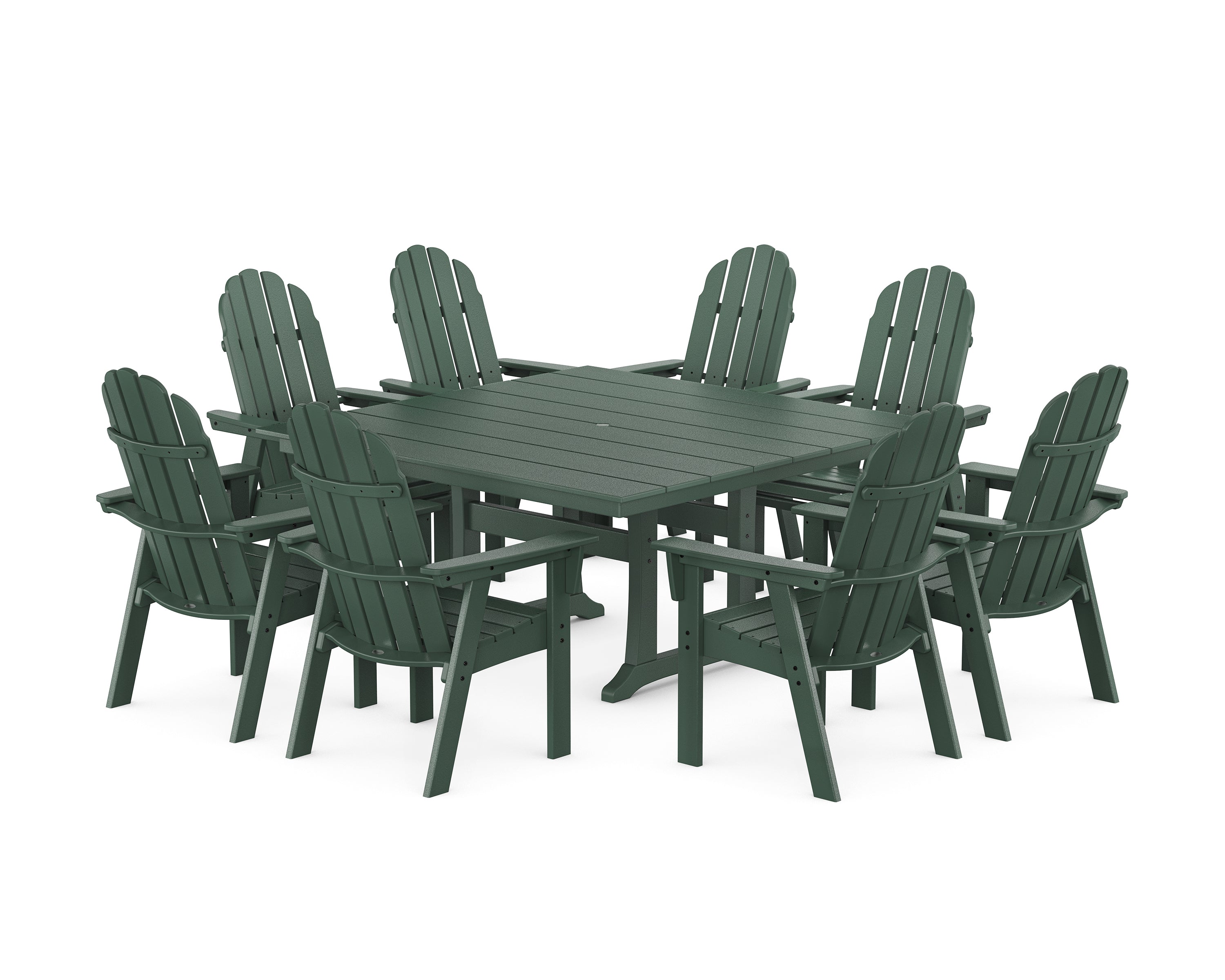 POLYWOOD® Vineyard Curveback Adirondack 9-Piece Square Farmhouse Dining Set with Trestle Legs in Green