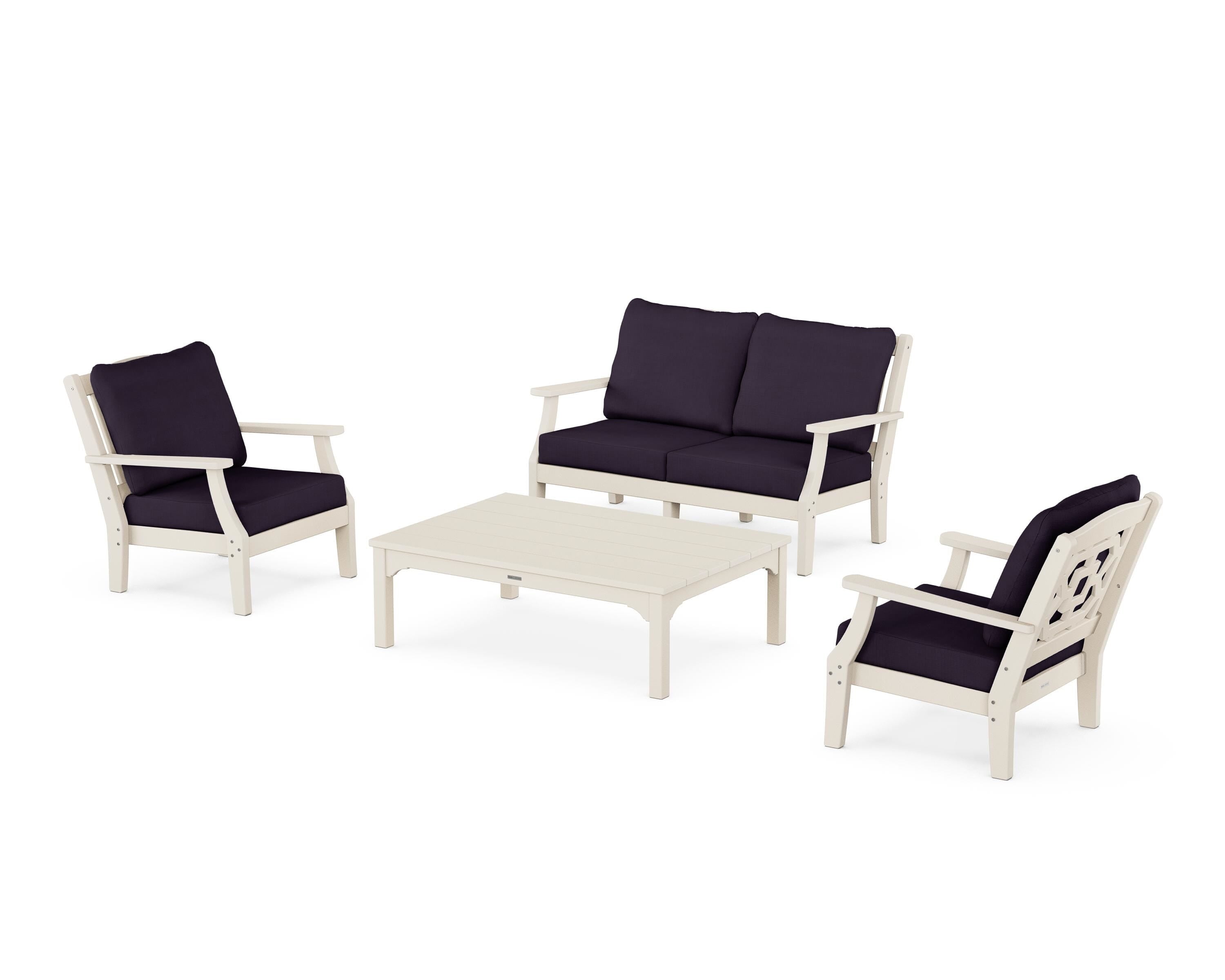 Martha Stewart by POLYWOOD® Chinoiserie 4-Piece Deep Seating Set with Loveseat in Sand / Navy Linen