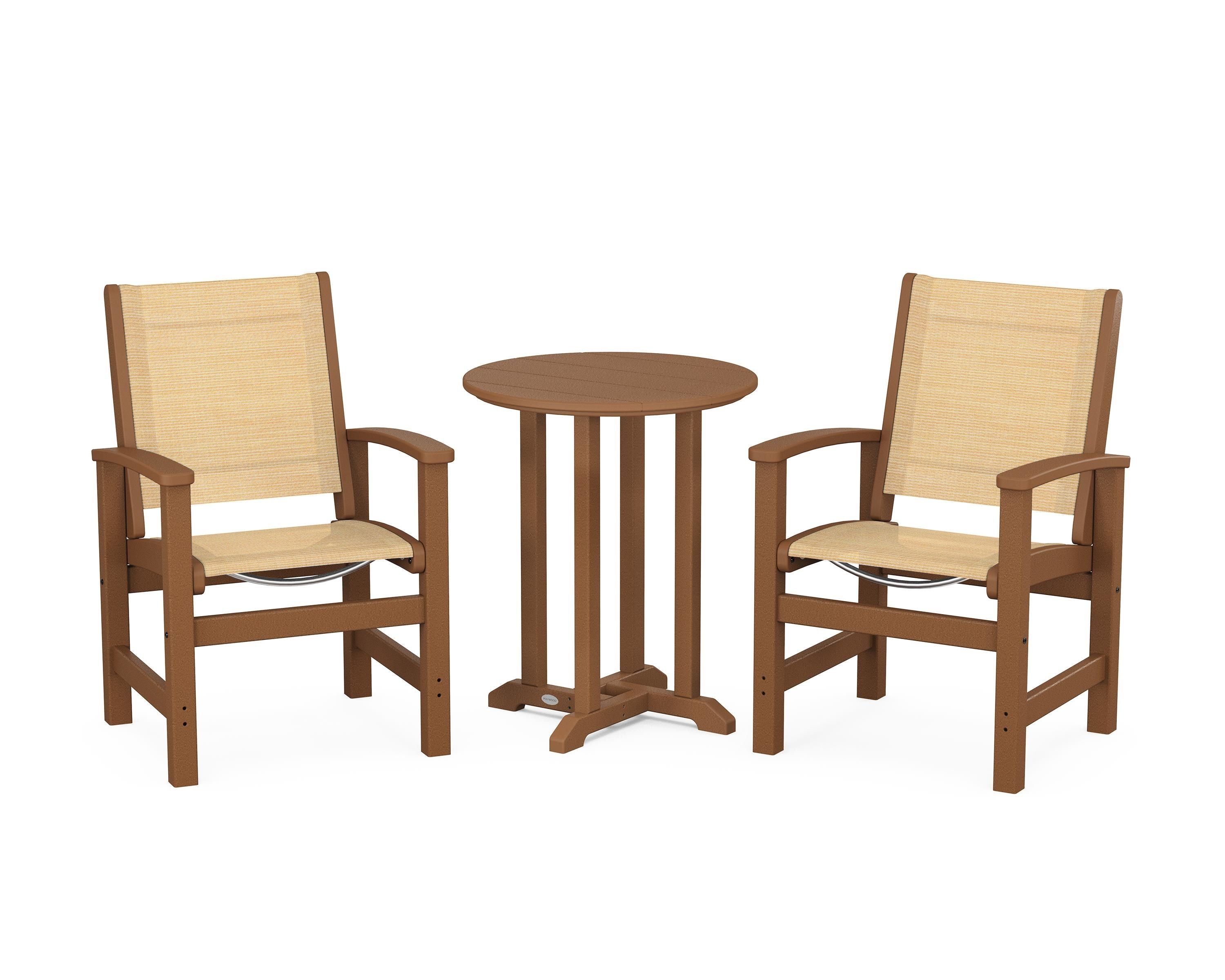 POLYWOOD® Coastal 3-Piece Round Bistro Dining Set in Teak / Dupioni Apricot Sling