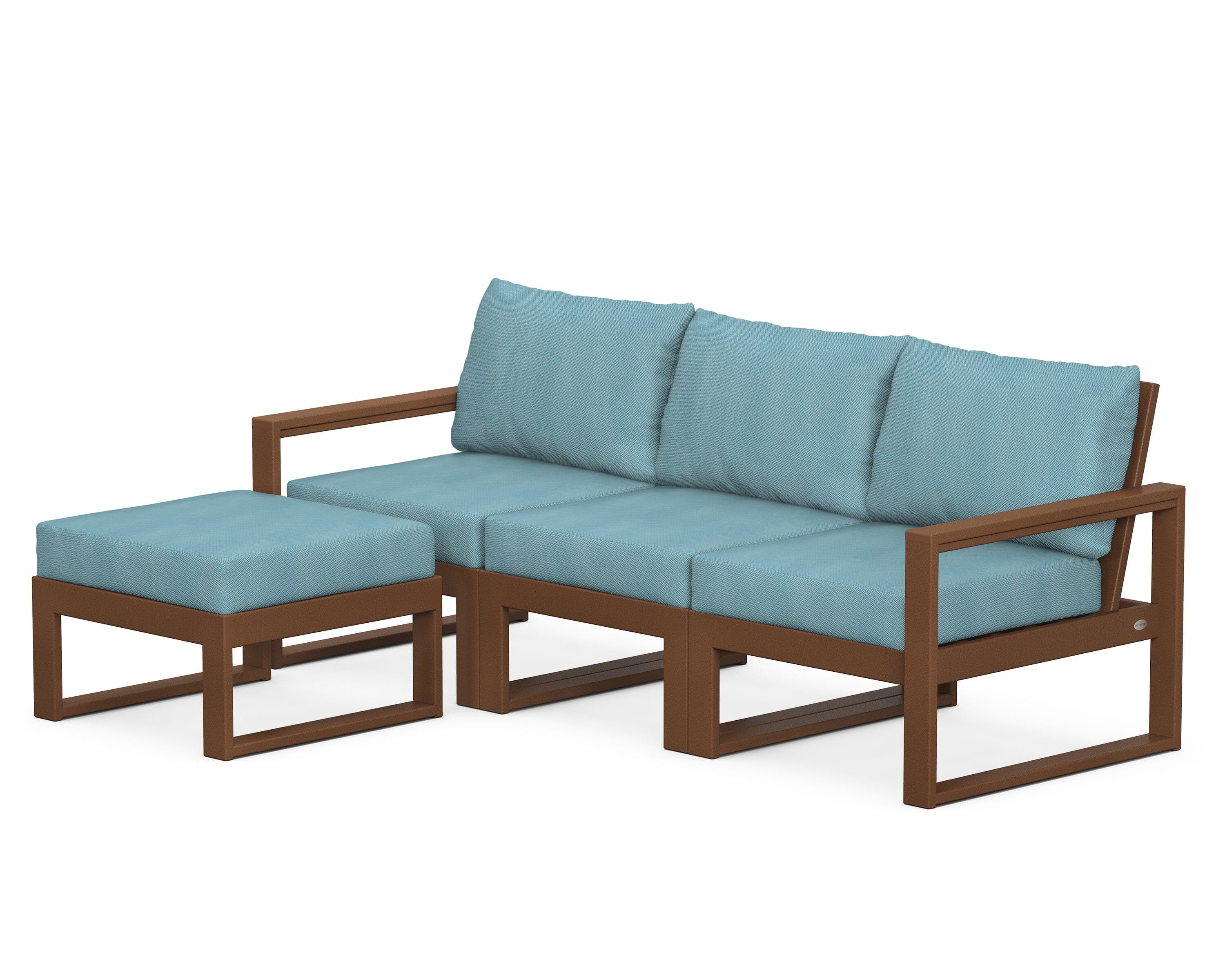 POLYWOOD® EDGE 4-Piece Modular Deep Seating Set with Ottoman in Teak / Lattice Sky Blue