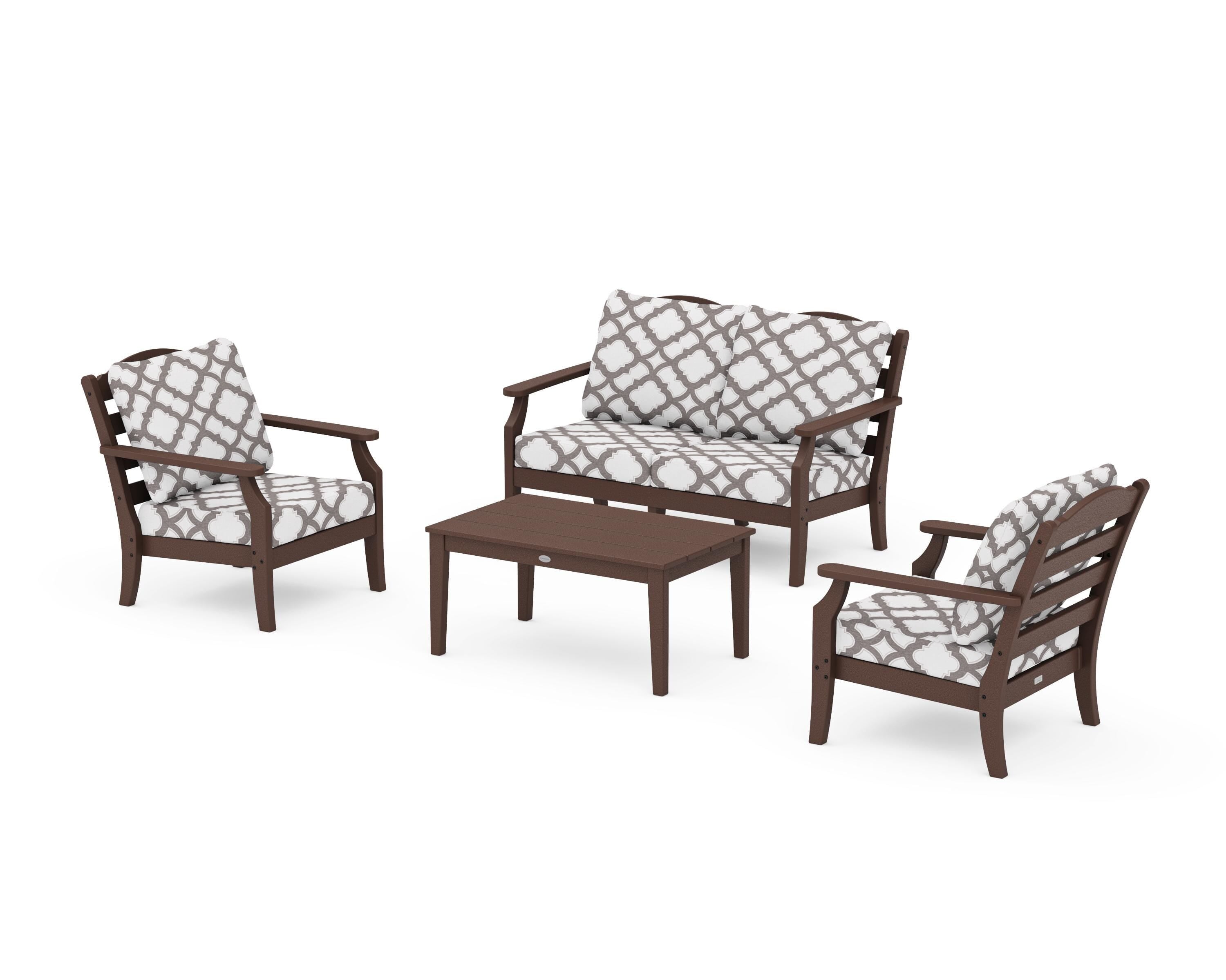 Draper James™ by POLYWOOD® Savannah 4-Piece Deep Seating Set with Loveseat in Mahogany / Trellis Grey Mist