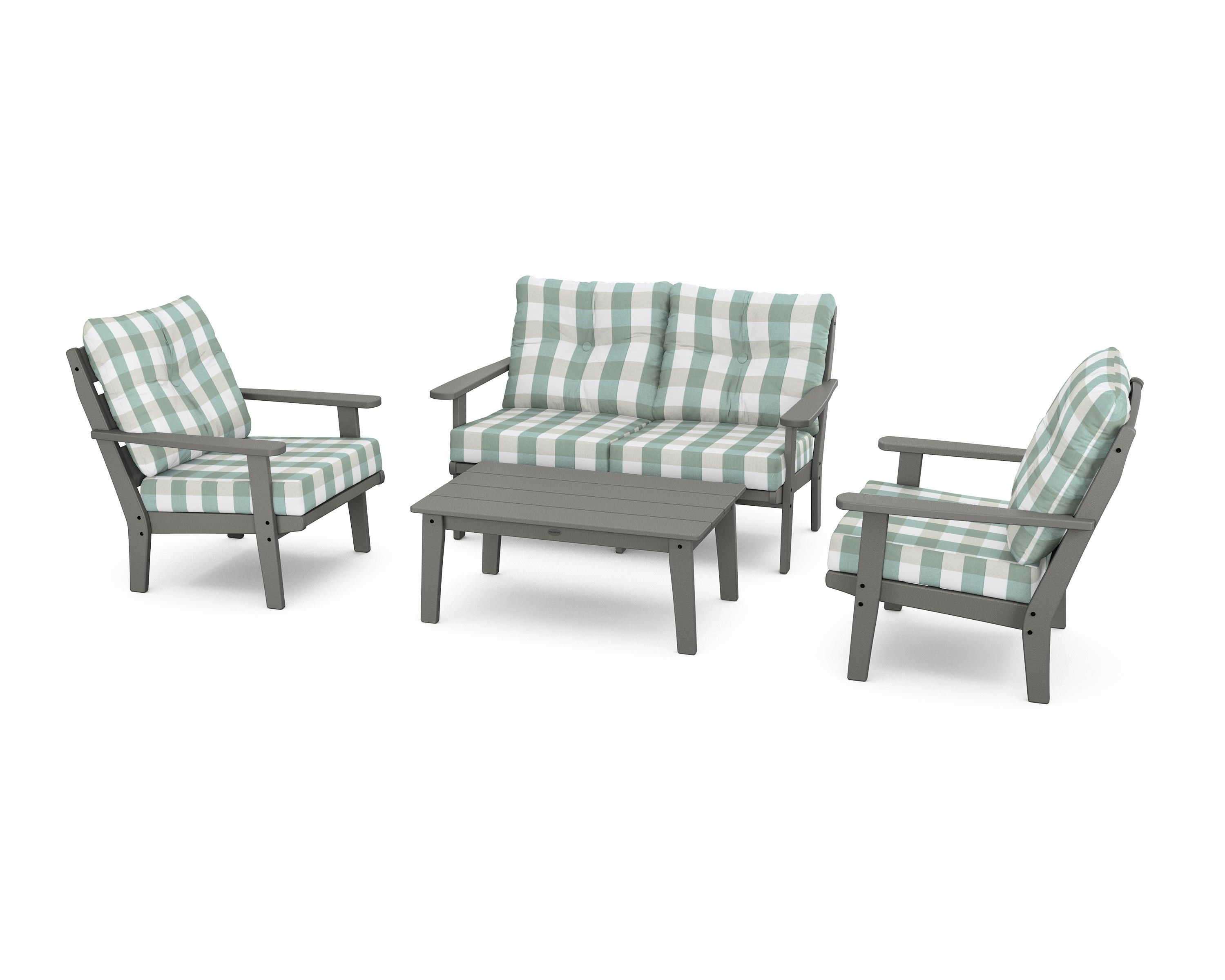 POLYWOOD® Lakeside 4-Piece Deep Seating Set in Slate Grey / Buffalo Plaid Glacier Spa
