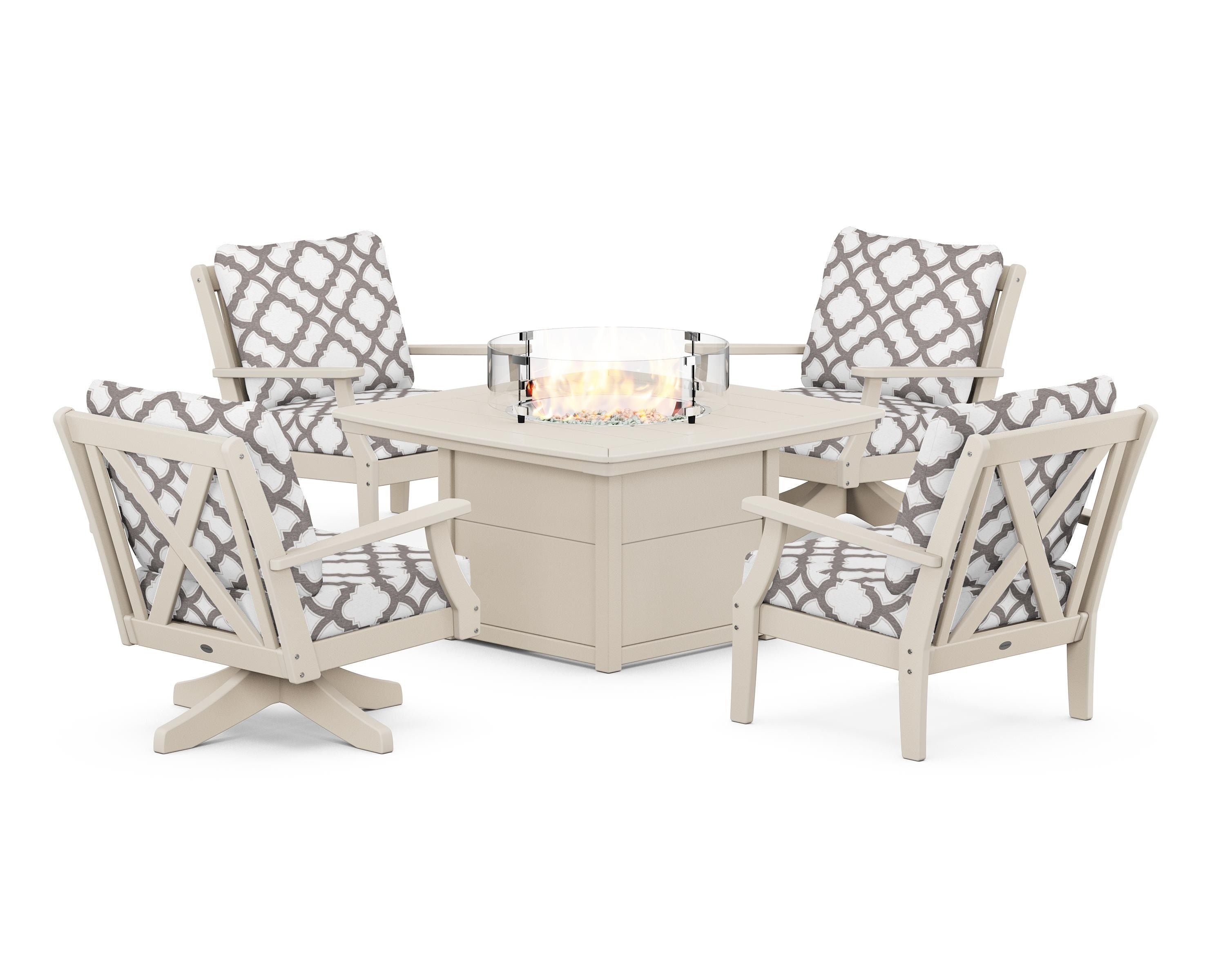 POLYWOOD® Braxton 5-Piece Deep Seating Set with Fire Table in Sand / Trellis Grey Mist