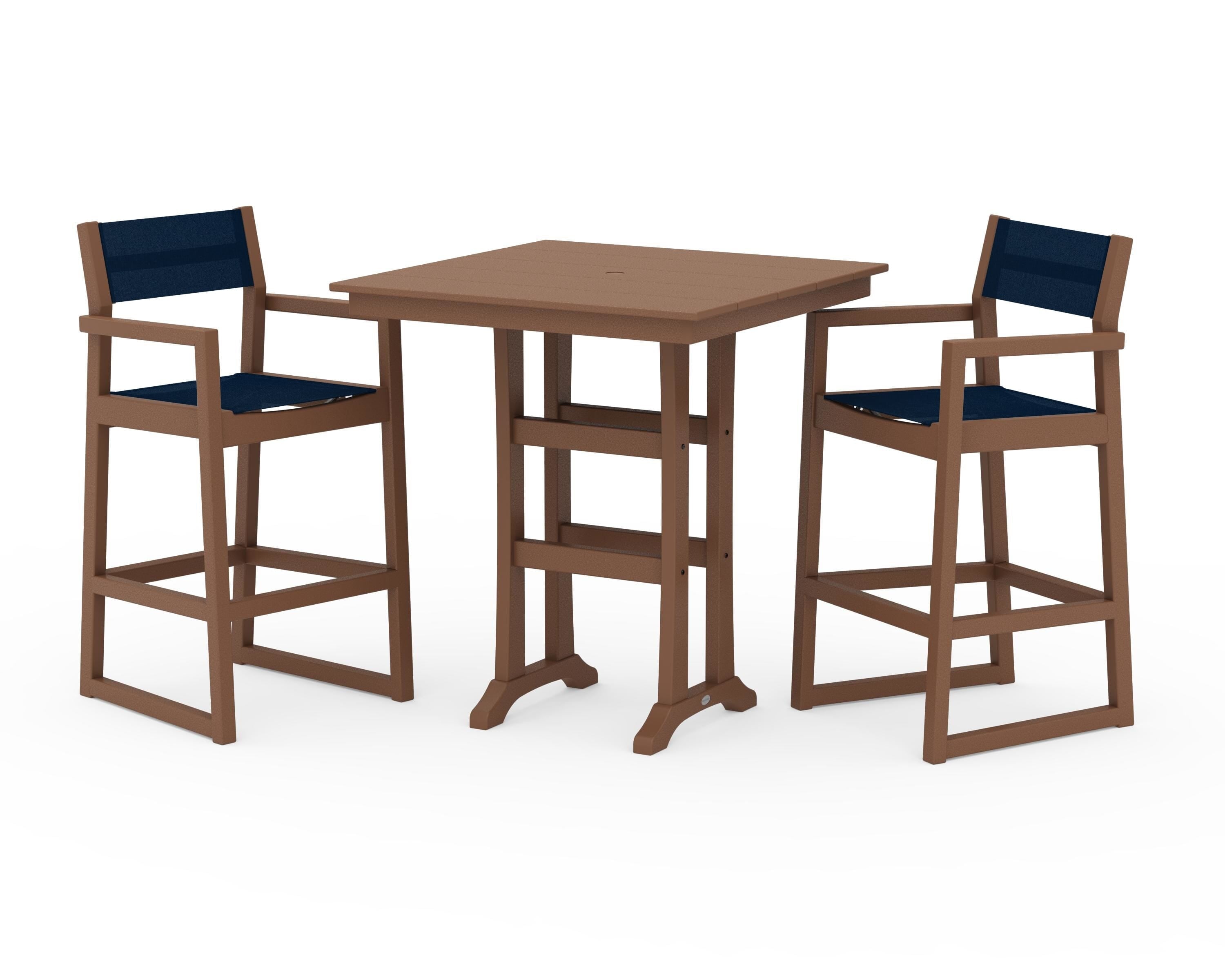 POLYWOOD® EDGE Sling Arm Chair 3-Piece Farmhouse Bar Set with Trestle Legs in Teak / Navy Blue Sling