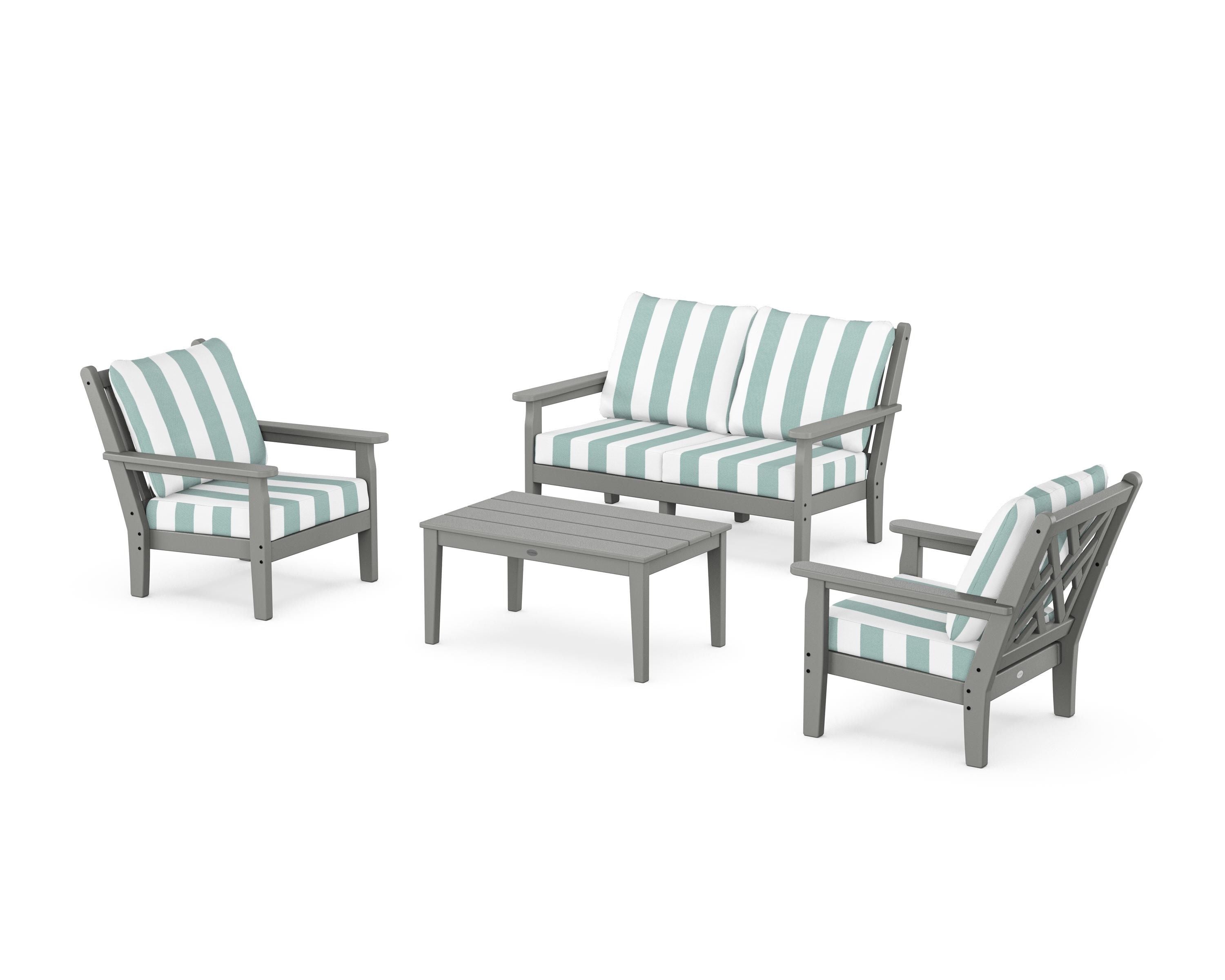 POLYWOOD® Chippendale 4-Piece Deep Seating Set with Loveseat in Slate Grey / Cabana Stripe Glacier Spa