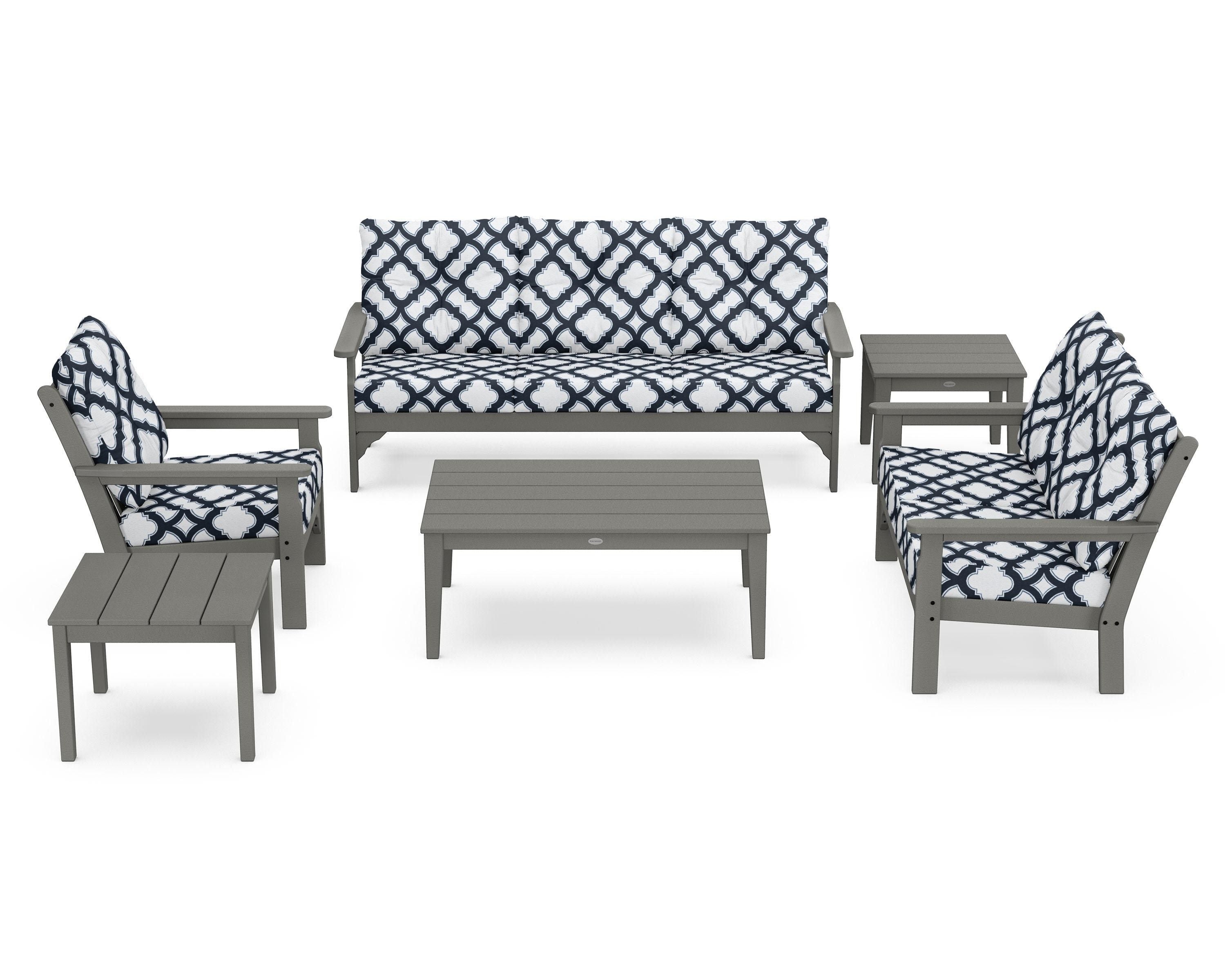 POLYWOOD® Vineyard 6-Piece Deep Seating Set in Slate Grey / Trellis Marine Indigo
