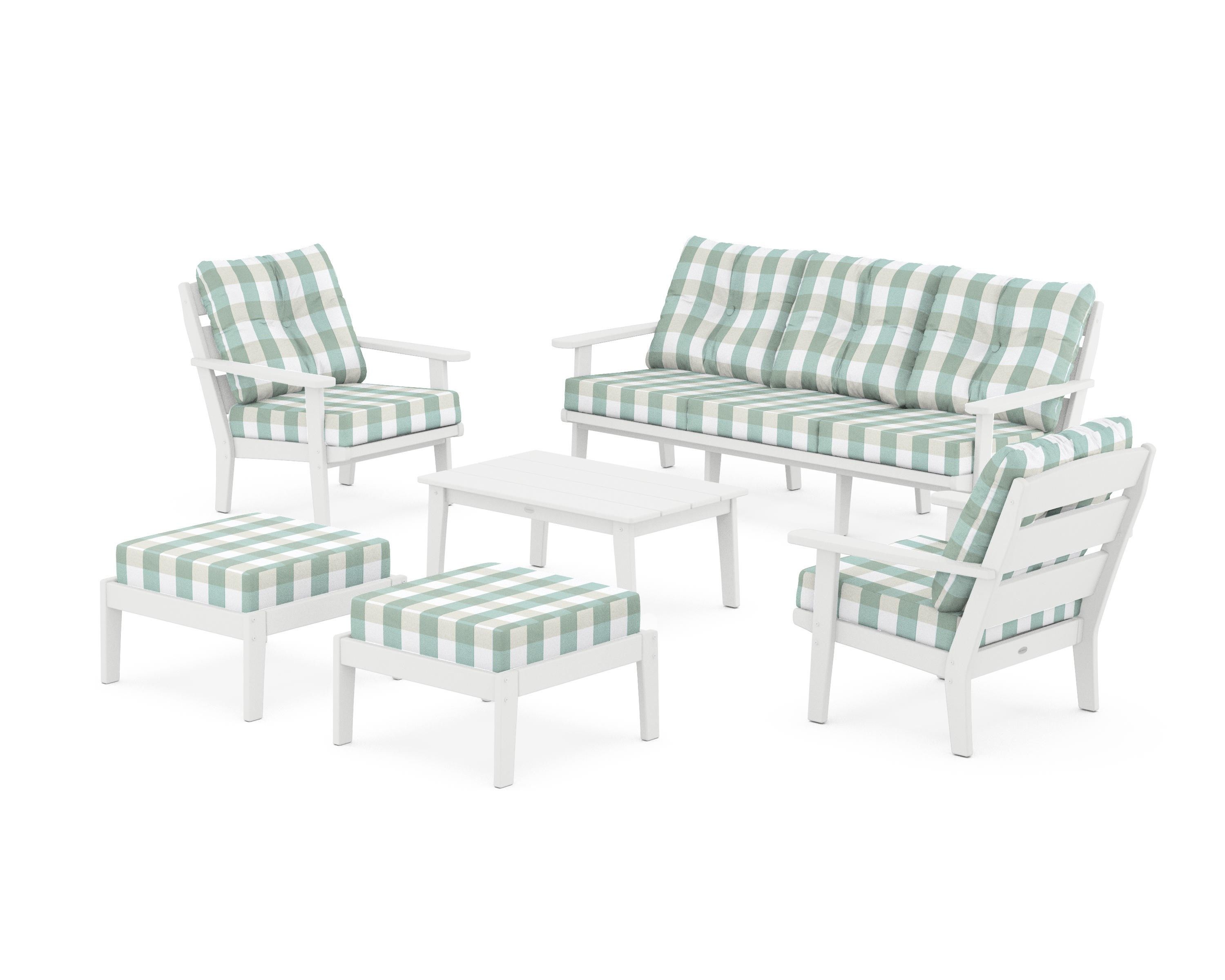 POLYWOOD® Lakeside 6-Piece Lounge Sofa Set in White / Buffalo Plaid Glacier Spa