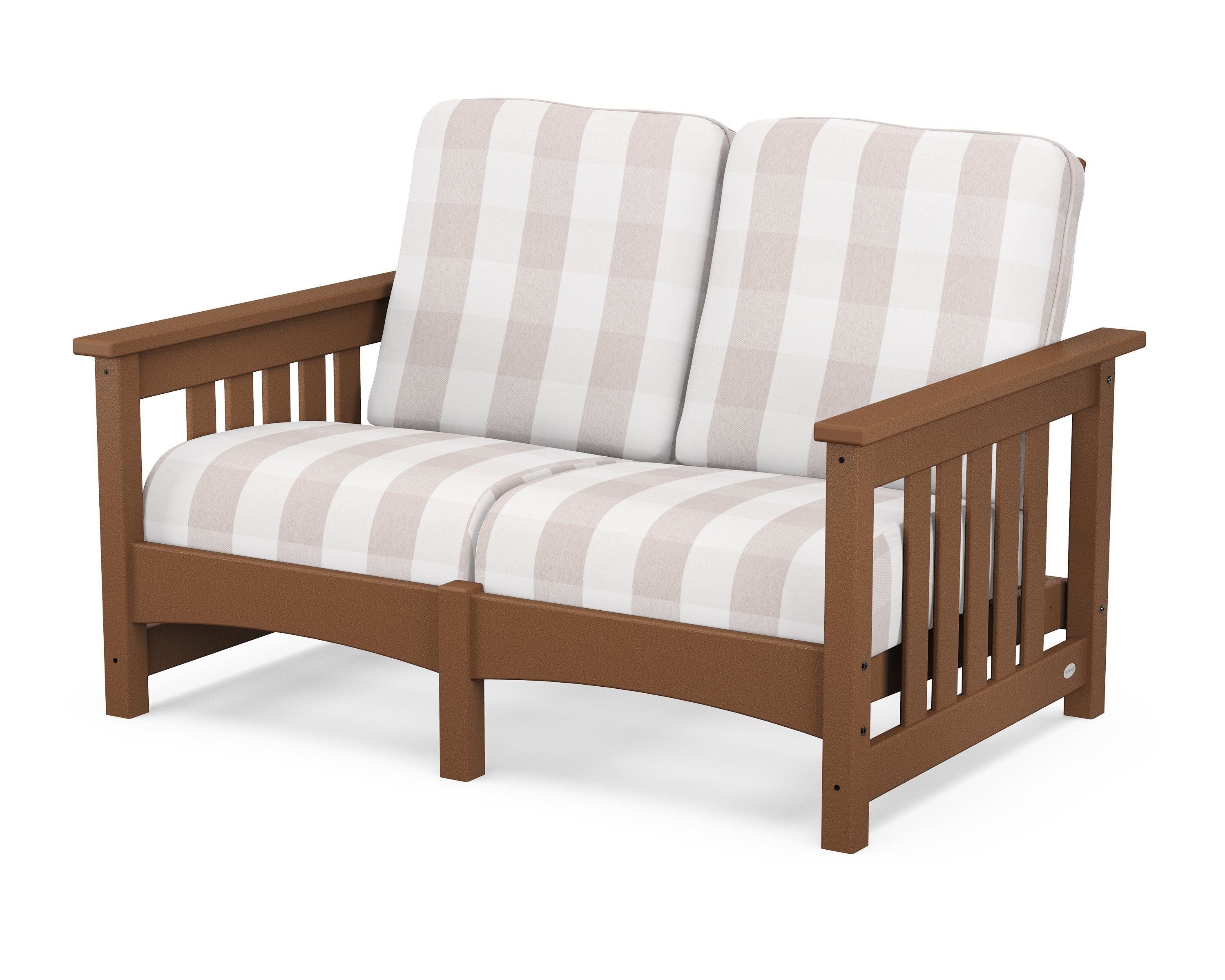 POLYWOOD® Club Mission Loveseat in Teak / Buffalo Plaid Dune Burlap