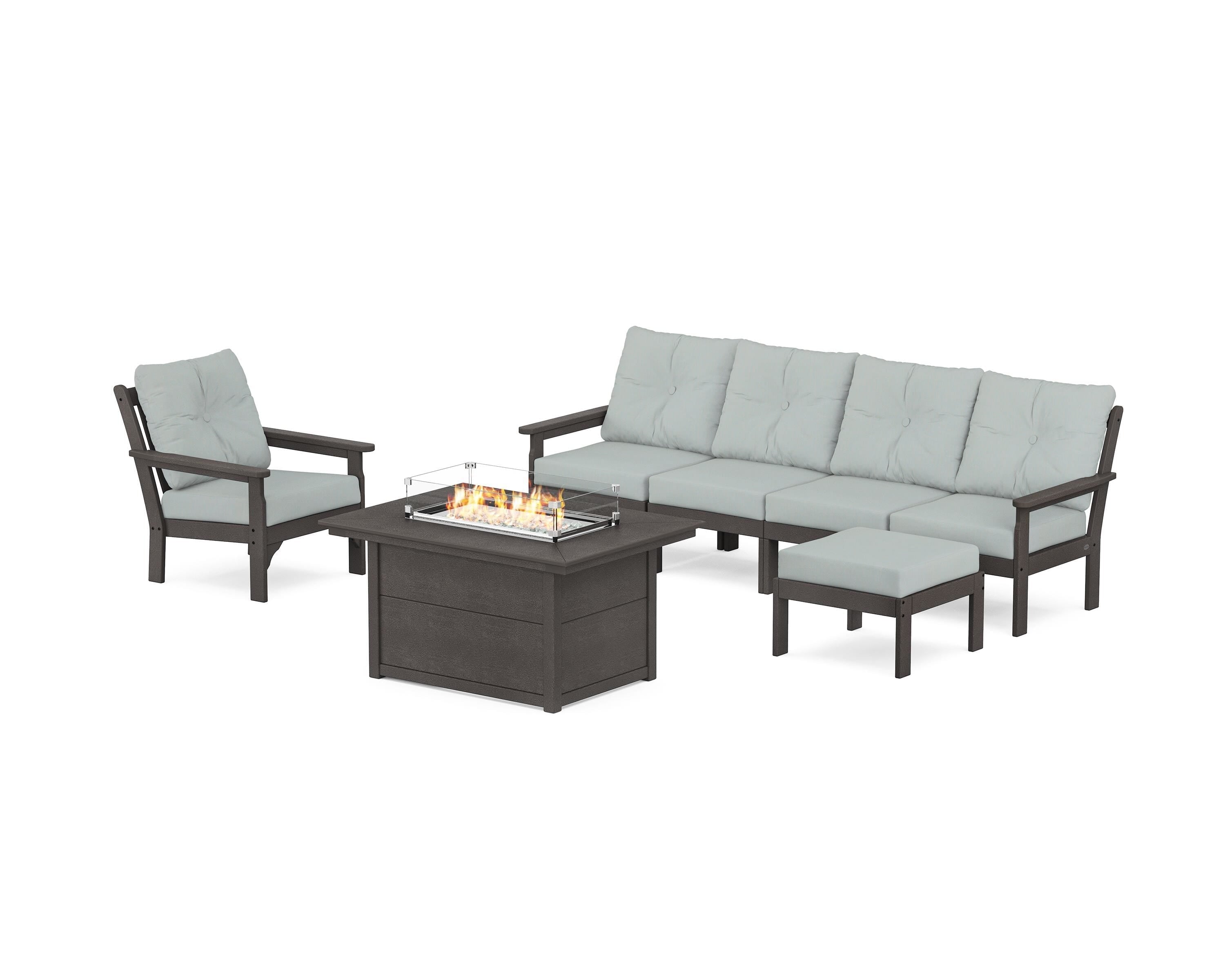 POLYWOOD® Vineyard Sectional Lounge and Fire Pit Set in Vintage Coffee / Spa