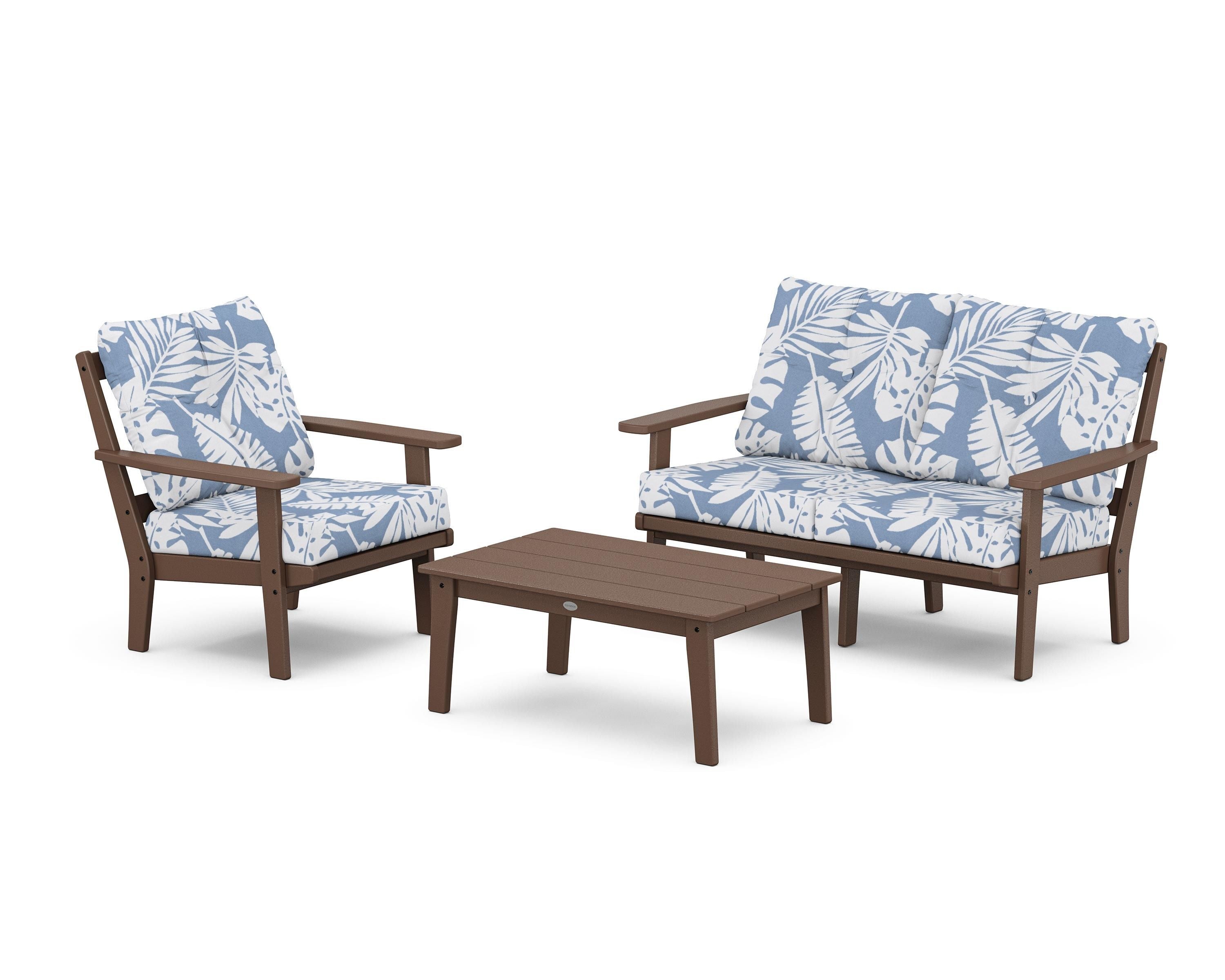 POLYWOOD® Oxford 3-Piece Deep Seating Set with Loveseat in Mahogany / Leaf Sky Blue